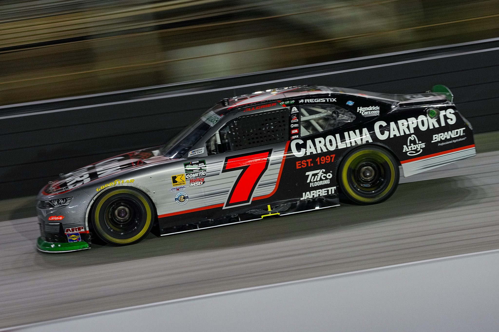 BRISTOL, TENNESSEE - APRIL 11: Justin Allgaier, driver of the #7 Carolina Carports Chevrolet, drives during the NASCAR O'Reilly Auto Parts Series Suburban Propane 300 at Bristol Motor Speedway on April 11, 2026 in Bristol, Tennessee. (Photo by Matt Kelley/Getty Images) | Getty Images