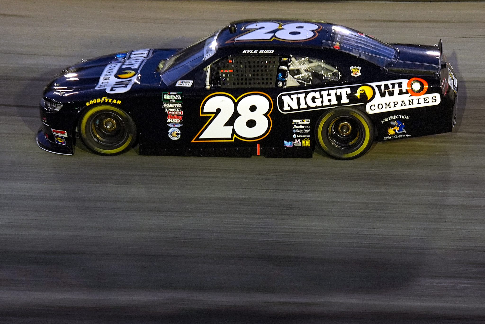 BRISTOL, TENNESSEE - APRIL 11: Kyle Sieg, driver of the #28 Night Owl Companies Chevrolet, drives during the NASCAR O'Reilly Auto Parts Series Suburban Propane 300 at Bristol Motor Speedway on April 11, 2026 in Bristol, Tennessee. (Photo by Matt Kelley/Getty Images) | Getty Images