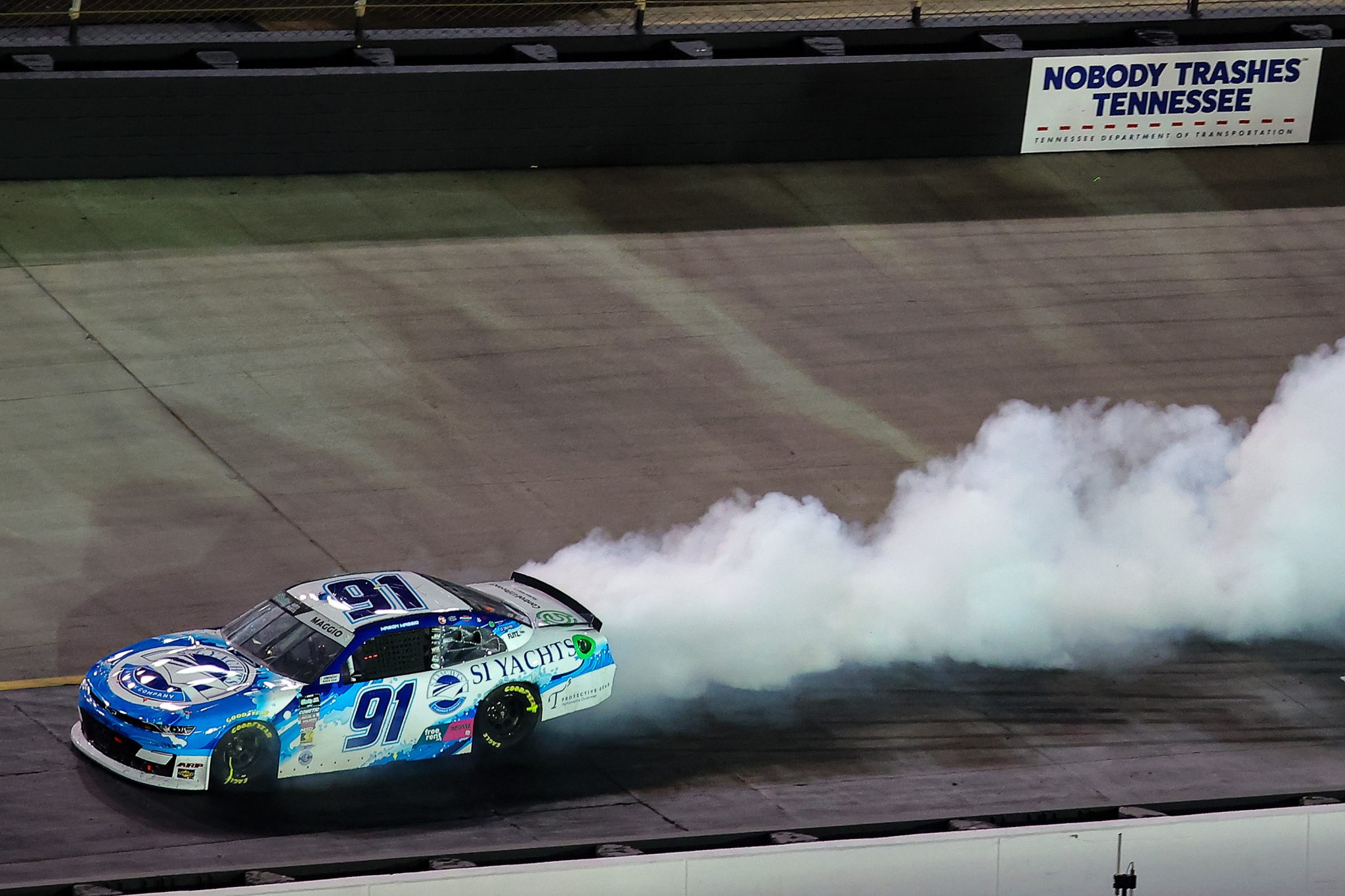 BRISTOL, TENNESSEE - APRIL 11: Mason Maggio, driver of the #91 SI Yachts Chevrolet, drives with a trail of smoke after an on-track incident during the NASCAR O'Reilly Auto Parts Series Suburban Propane 300 at Bristol Motor Speedway on April 11, 2026 in Bristol, Tennessee. (Photo by Jonathan Bachman/Getty Images) | Getty Images
