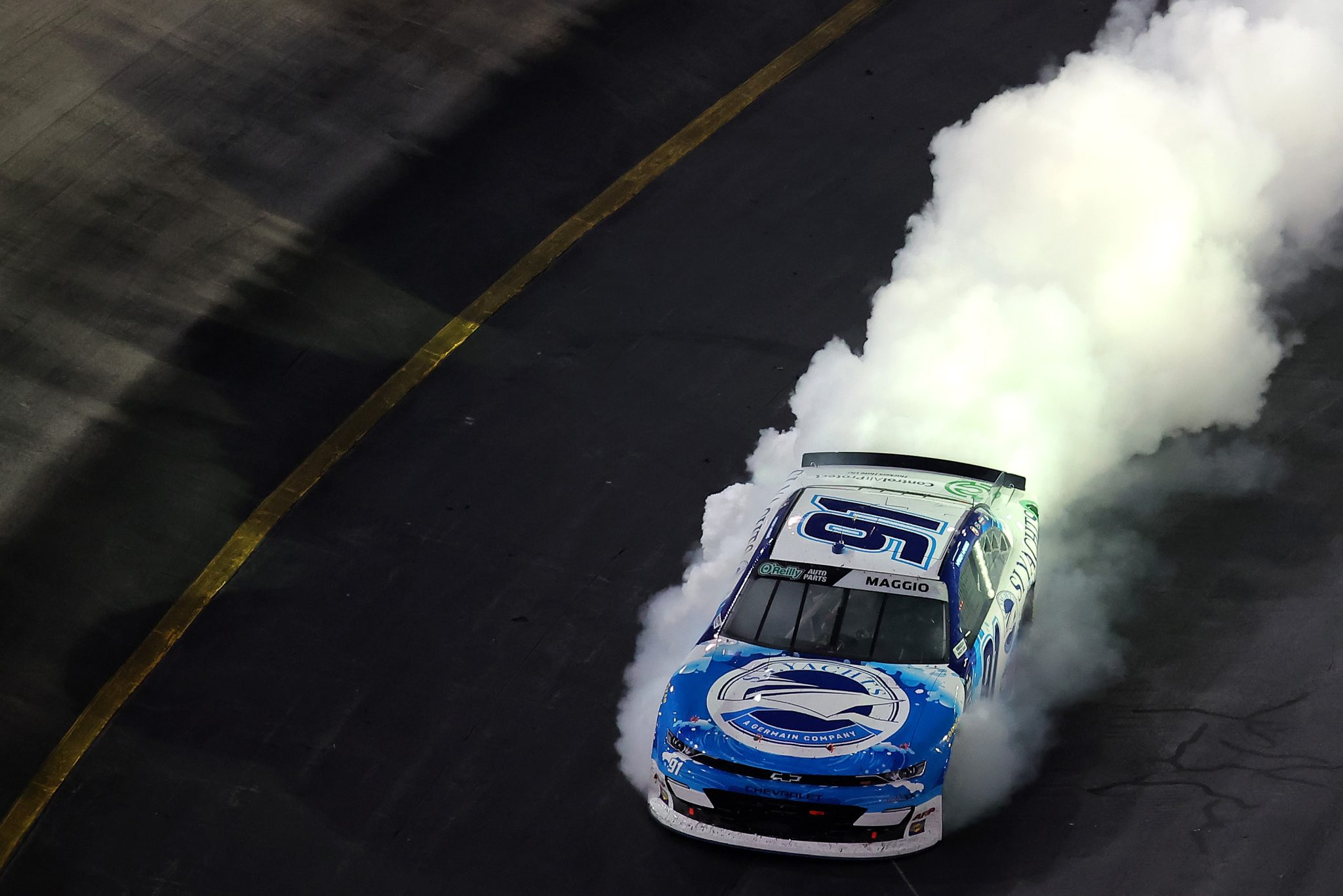 BRISTOL, TENNESSEE - APRIL 11: Mason Maggio, driver of the #91 SI Yachts Chevrolet, spins after an on-track incident during the NASCAR O'Reilly Auto Parts Series Suburban Propane 300 at Bristol Motor Speedway on April 11, 2026 in Bristol, Tennessee. (Photo by Jonathan Bachman/Getty Images) | Getty Images