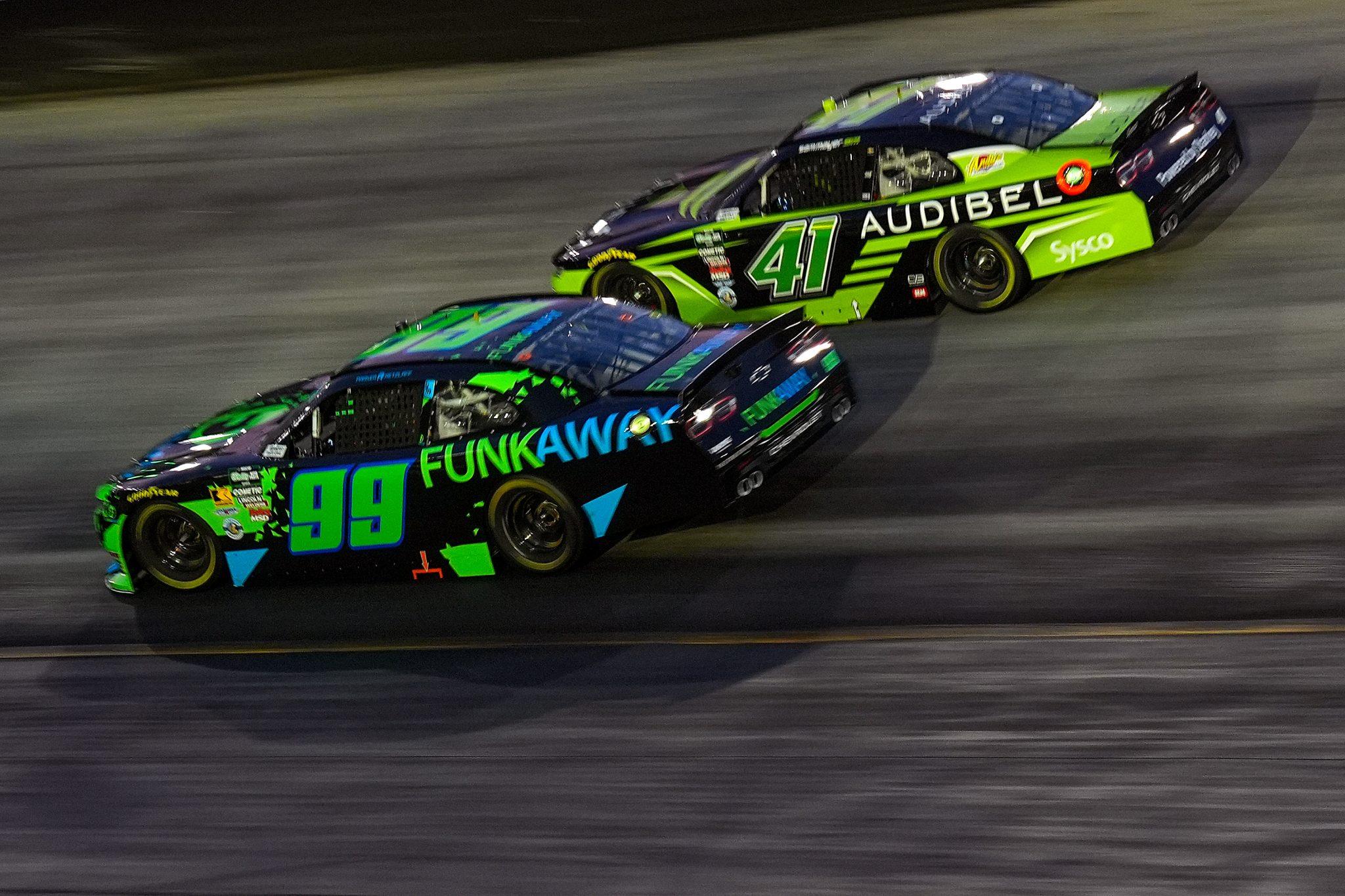 BRISTOL, TENNESSEE - APRIL 11: Parker Retzlaff, driver of the #99 FUNKAWAY Chevrolet, and Sam Mayer, driver of the #41 Audibel Chevrolet, race during the NASCAR O'Reilly Auto Parts Series Suburban Propane 300 at Bristol Motor Speedway on April 11, 2026 in Bristol, Tennessee. (Photo by Matt Kelley/Getty Images) | Getty Images
