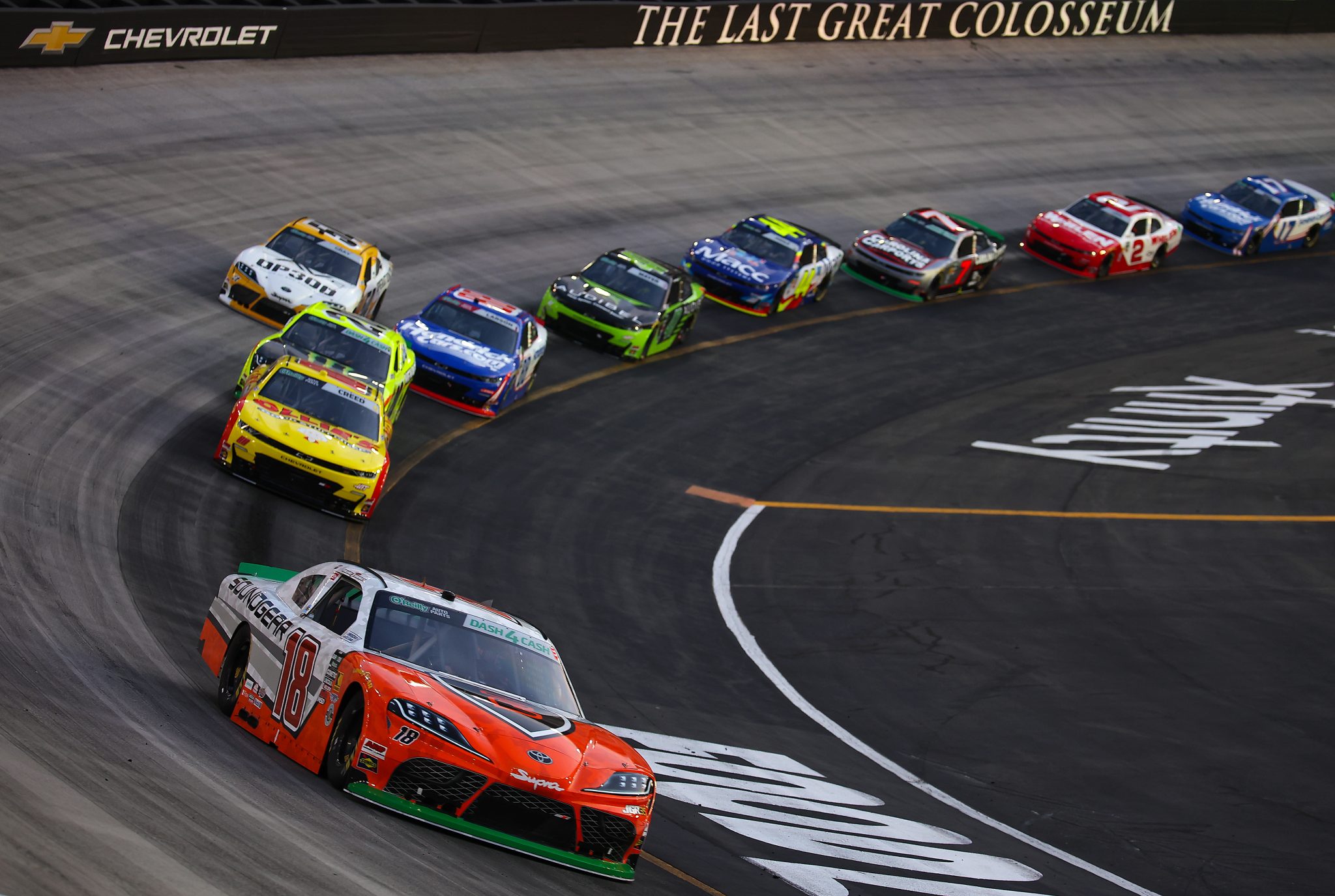 BRISTOL, TENNESSEE - APRIL 11: William Sawalich, driver of the #18 SoundGear Toyota, leads the field to start the NASCAR O'Reilly Auto Parts Series Suburban Propane 300 at Bristol Motor Speedway on April 11, 2026 in Bristol, Tennessee. (Photo by Jonathan Bachman/Getty Images) | Getty Images