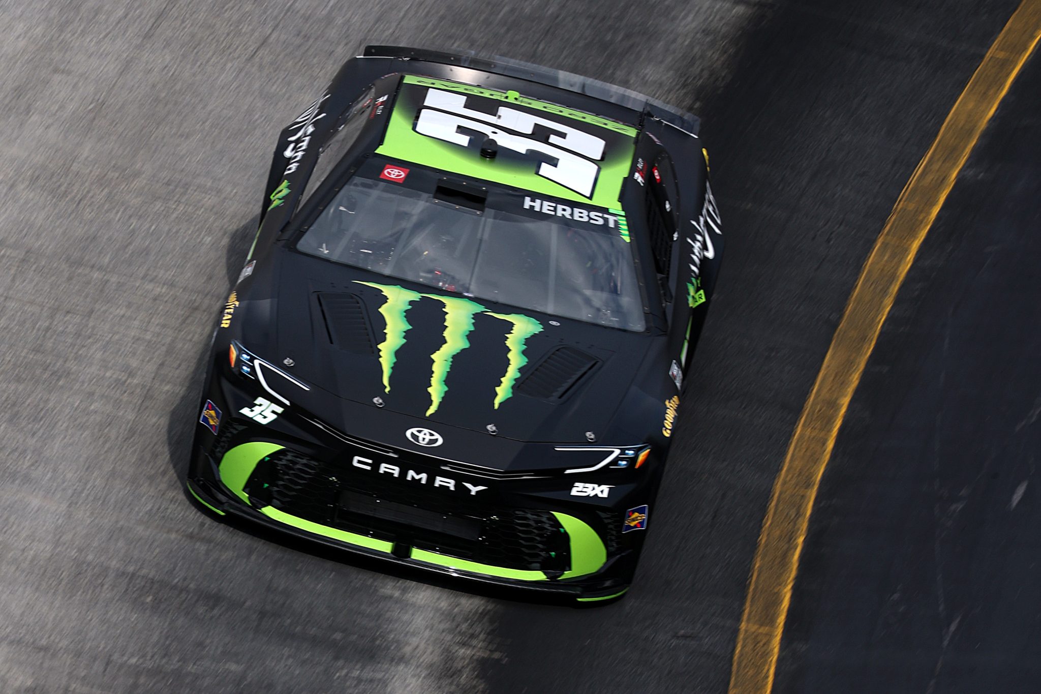 BRISTOL, TENNESSEE - APRIL 11: Riley Herbst, driver of the #35 Monster Energy Zero Sugar Toyota, drives during practice for the NASCAR Cup Series Food City 500 at Bristol Motor Speedway on April 11, 2026 in Bristol, Tennessee. (Photo by Chris Graythen/Getty Images) | Getty Images