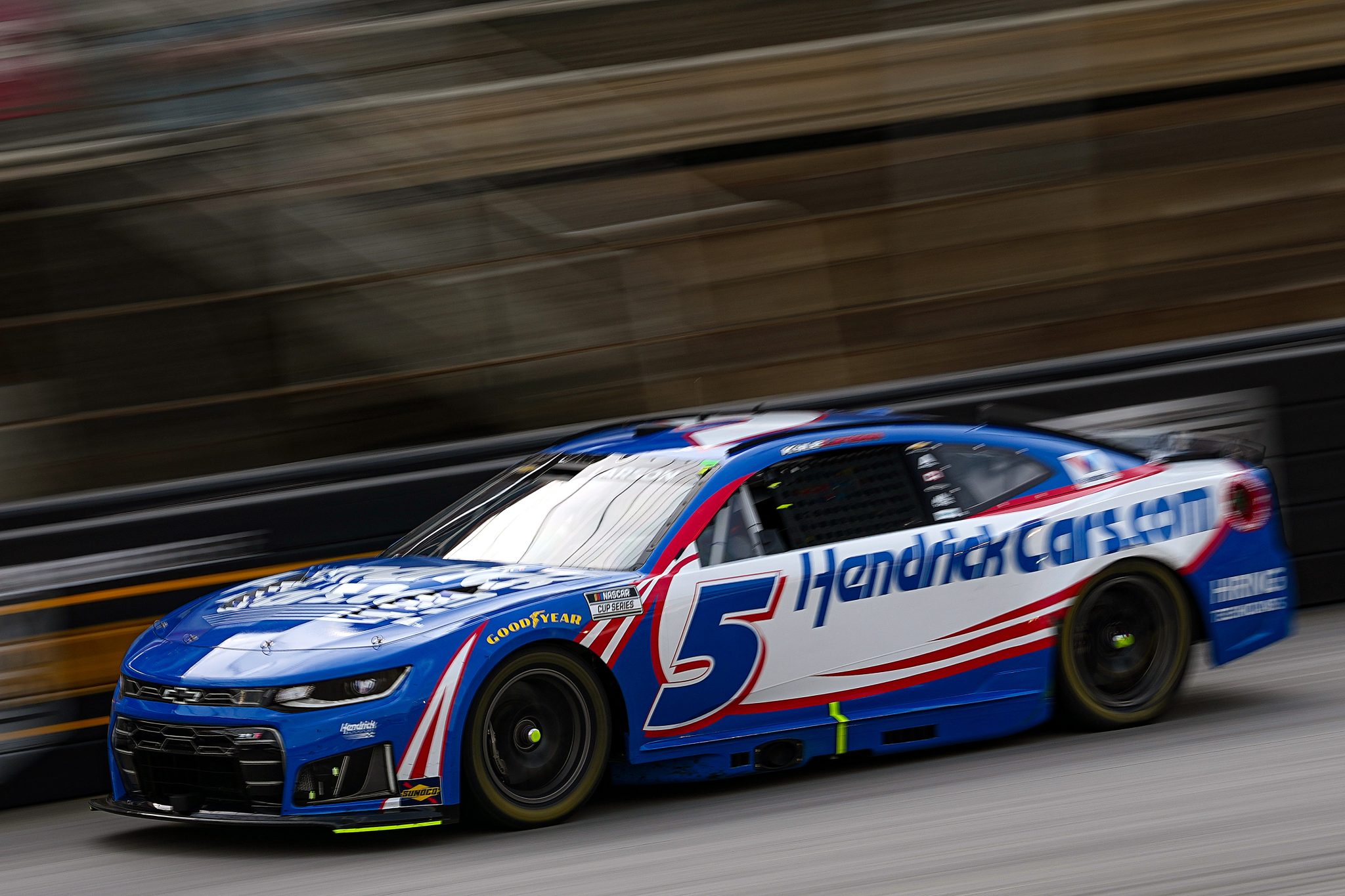 BRISTOL, TENNESSEE - APRIL 12: Kyle Larson, driver of the #5 HendrickCars.com Chevrolet, drives during the NASCAR Cup Series Food City 500 at Bristol Motor Speedway on April 12, 2026 in Bristol, Tennessee. (Photo by Matt Kelley/Getty Images) | Getty Images