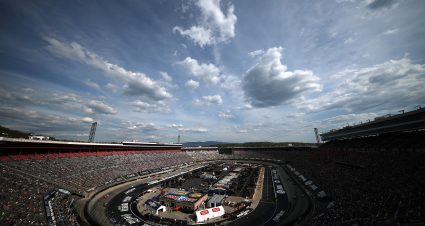 BRISTOL, TENNESSEE - APRIL 12: A general view of racing fro=m the grandstands during the NASCAR Cup Series Food City 500 at Bristol Motor Speedway on April 12, 2026 in Bristol, Tennessee. (Photo by Chris Graythen/Getty Images) | Getty Images