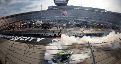 BRISTOL, TENNESSEE - APRIL 12: Ty Gibbs, driver of the #54 Monster Energy Toyota, celebrates with a burnout after winning the NASCAR Cup Series Food City 500 at Bristol Motor Speedway on April 12, 2026 in Bristol, Tennessee. (Photo by Jonathan Bachman/Getty Images) | Getty Images