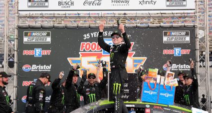 BRISTOL, TENNESSEE - APRIL 12: Ty Gibbs, driver of the #54 Monster Energy Toyota, celebrates in victory lane after winning the NASCAR Cup Series Food City 500 at Bristol Motor Speedway on April 12, 2026 in Bristol, Tennessee. (Photo by Matt Kelley/Getty Images) | Getty Images