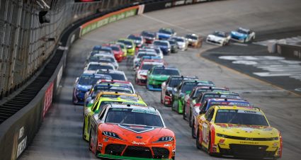 BRISTOL, TENNESSEE - APRIL 11: William Sawalich, driver of the #18 SoundGear Toyota, and Sheldon Creed, driver of the #00 Ollie's Chevrolet, race during the NASCAR O'Reilly Auto Parts Series Suburban Propane 300 at Bristol Motor Speedway on April 11, 2026 in Bristol, Tennessee. (Photo by Chris Graythen/Getty Images) | Getty Images
