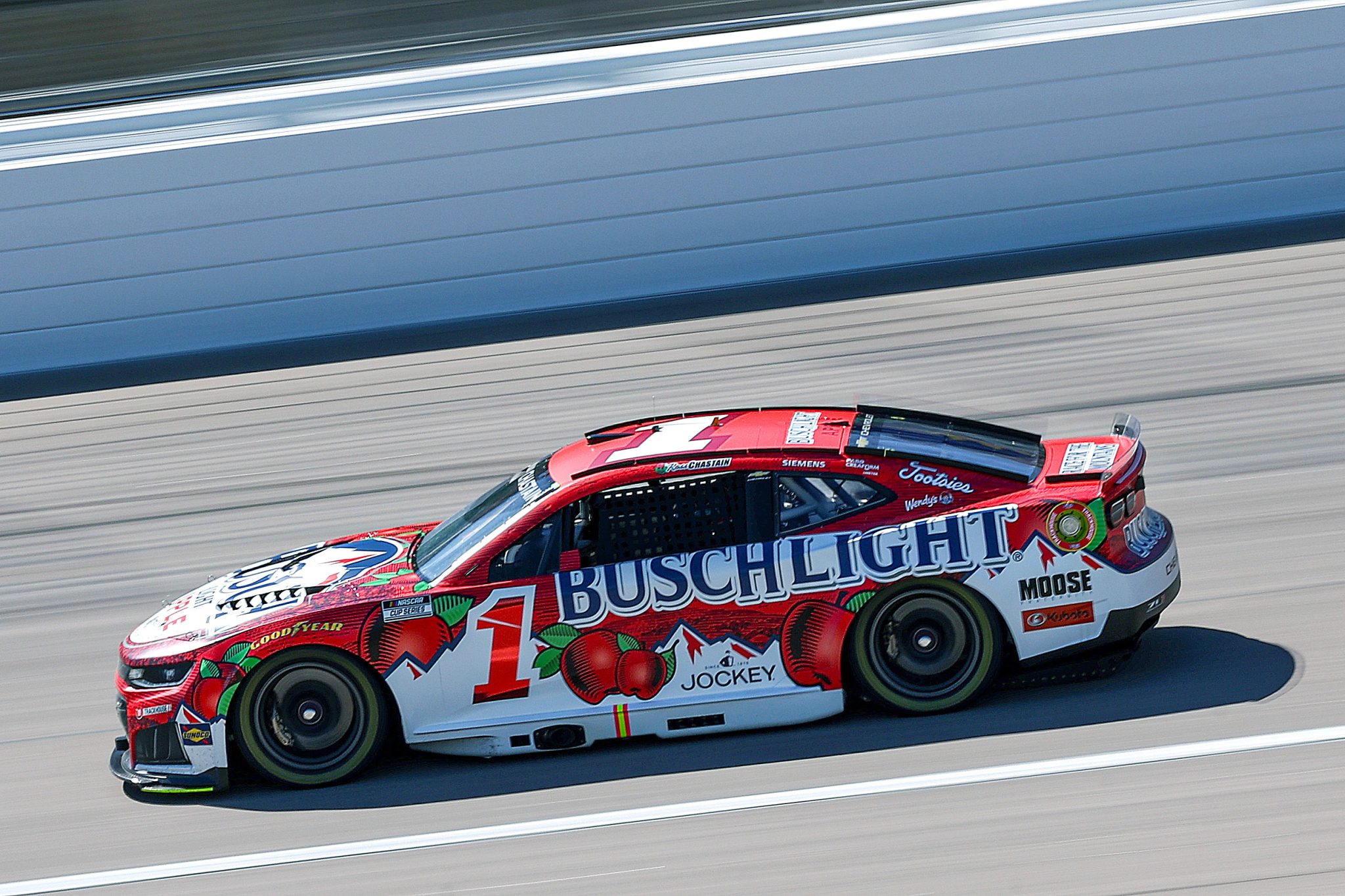 KANSAS CITY, KANSAS - APRIL 18: Ross Chastain, driver of the #1 Busch Light Apple Chevrolet, drives during practice for the NASCAR Cup Series AdventHealth 400 at Kansas Speedway on April 18, 2026 in Kansas City, Kansas. (Photo by David Jensen/Getty Images) | Getty Images