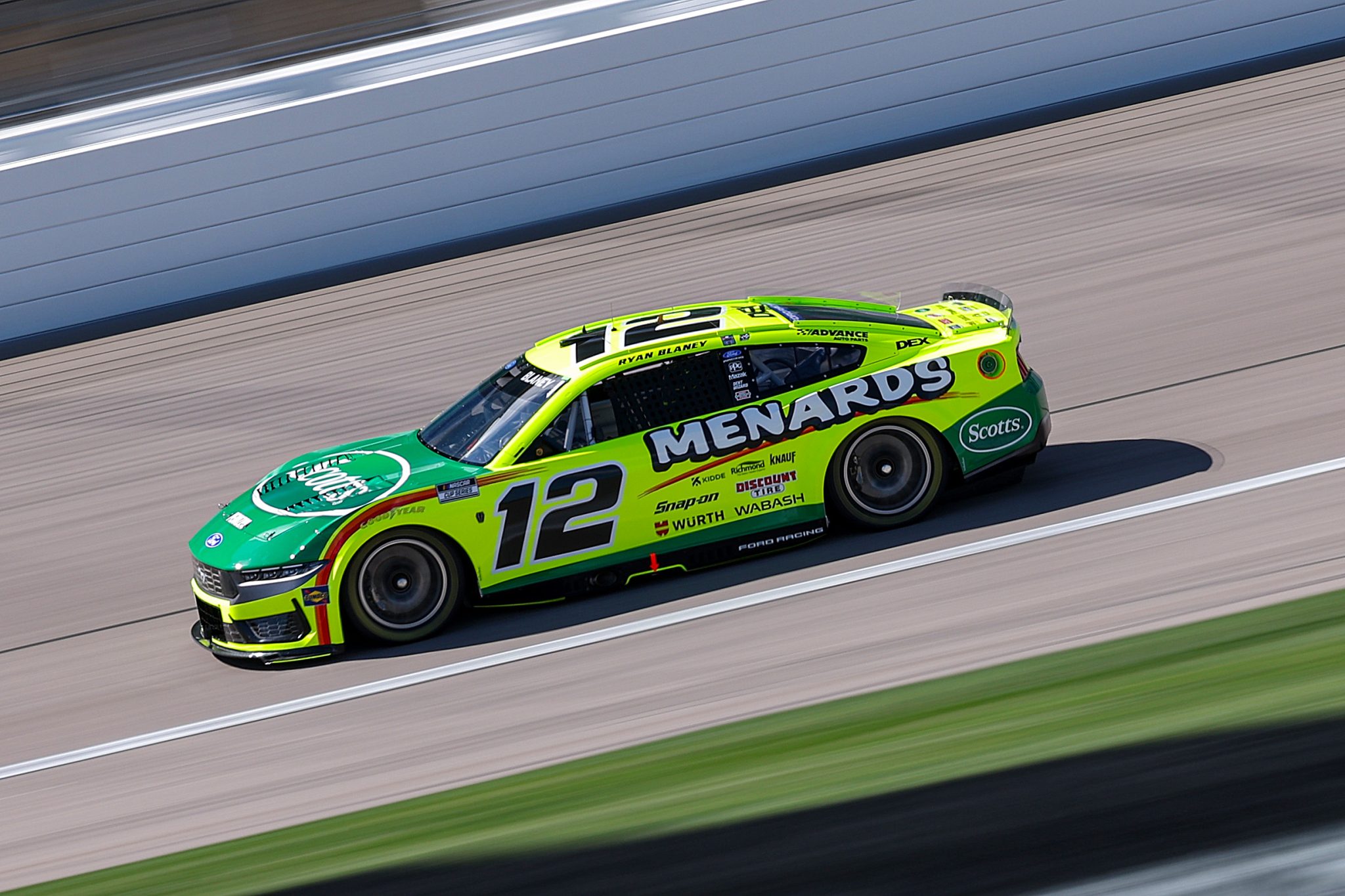 KANSAS CITY, KANSAS - APRIL 18: Ryan Blaney, driver of the #12 Menards/Scotts Ford, drives during practice for the NASCAR Cup Series AdventHealth 400 at Kansas Speedway on April 18, 2026 in Kansas City, Kansas. (Photo by David Jensen/Getty Images) | Getty Images
