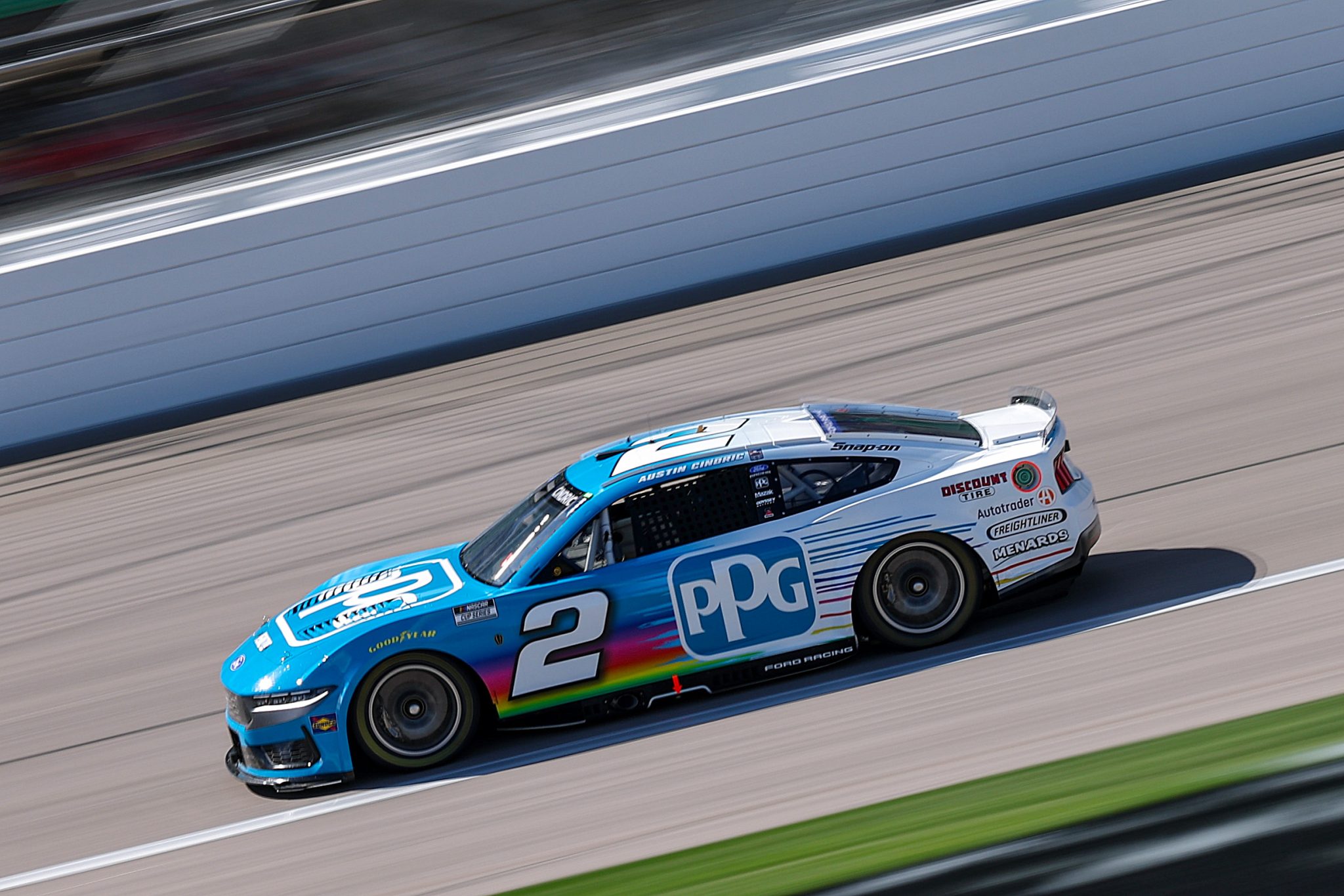 KANSAS CITY, KANSAS - APRIL 18: Austin Cindric, driver of the #2 PPG Ford, drives during practice for the NASCAR Cup Series AdventHealth 400 at Kansas Speedway on April 18, 2026 in Kansas City, Kansas. (Photo by David Jensen/Getty Images) | Getty Images