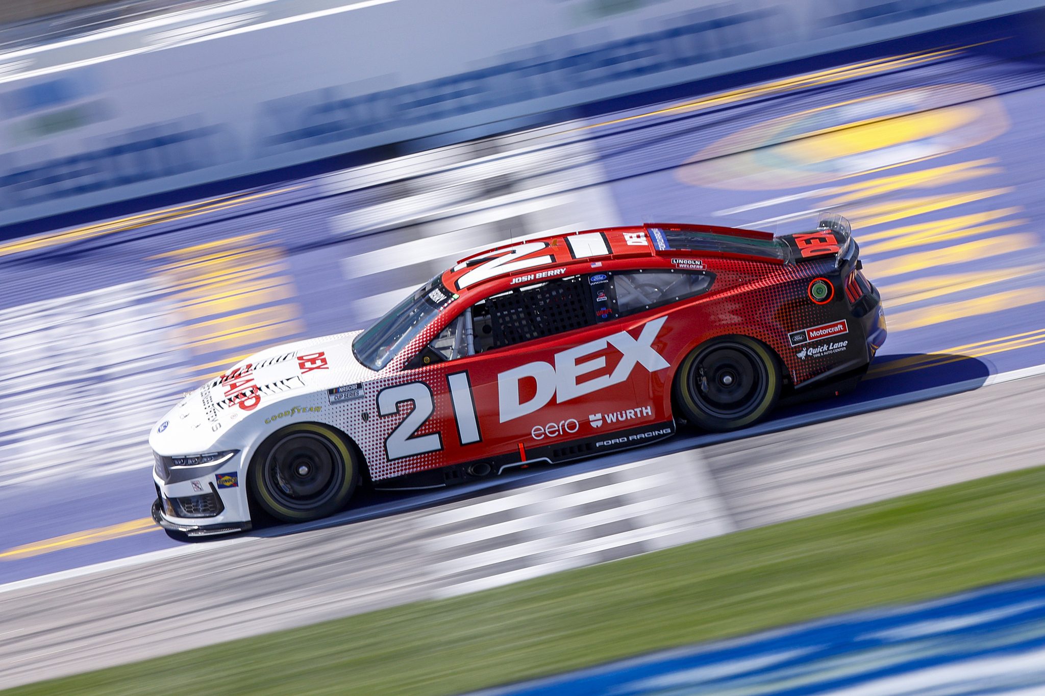 KANSAS CITY, KANSAS - APRIL 18: Josh Berry, driver of the #21 DEX Ford, drives during practice for the NASCAR Cup Series AdventHealth 400 at Kansas Speedway on April 18, 2026 in Kansas City, Kansas. (Photo by Sean Gardner/Getty Images) | Getty Images