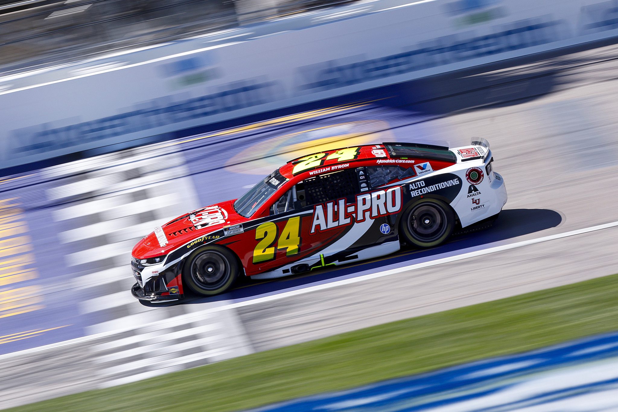 KANSAS CITY, KANSAS - APRIL 18: William Byron, driver of the #24 All-Pro Reconditioning Chevrolet, drives during practice for the NASCAR Cup Series AdventHealth 400 at Kansas Speedway on April 18, 2026 in Kansas City, Kansas. (Photo by Sean Gardner/Getty Images) | Getty Images