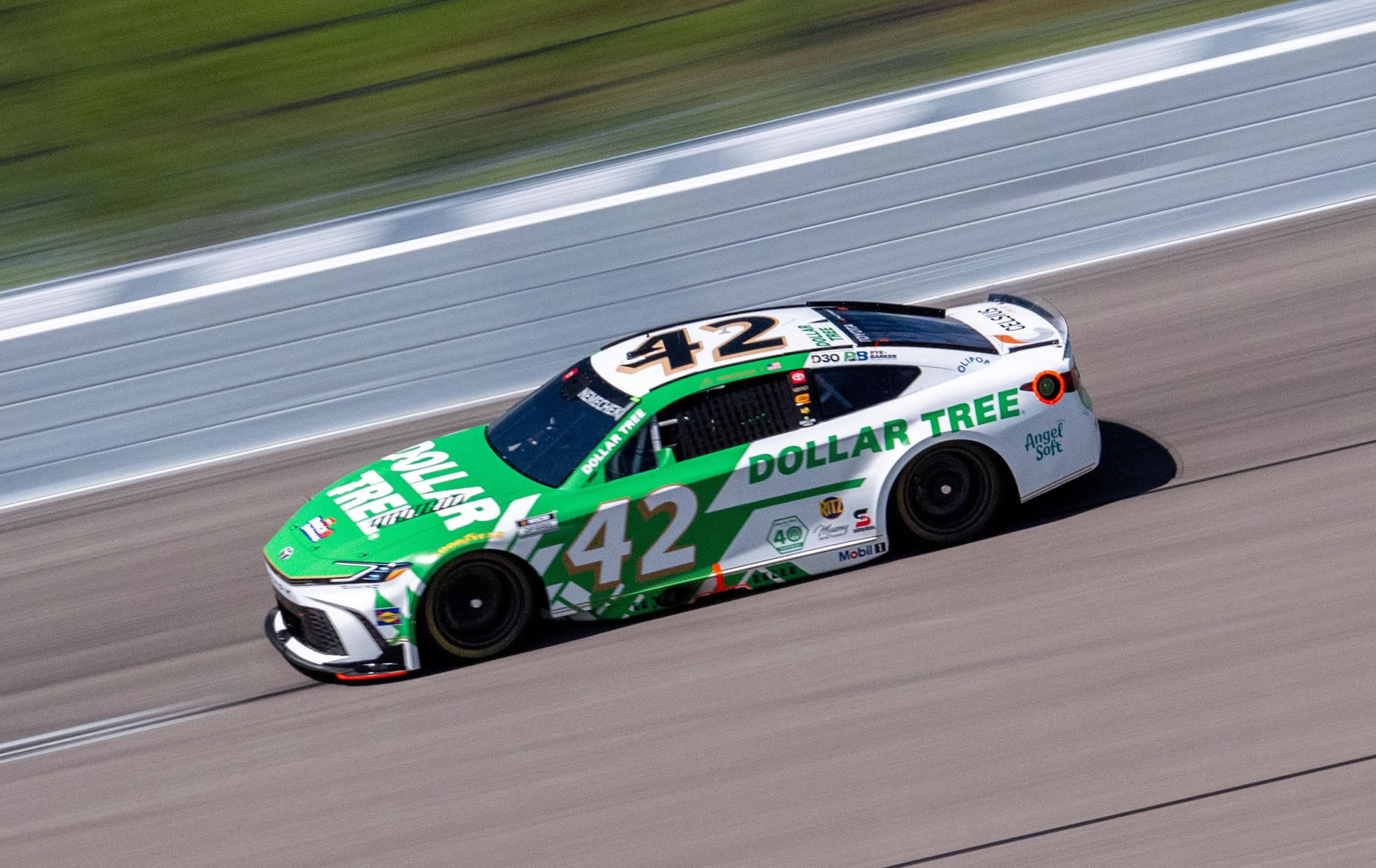 KANSAS CITY, KANSAS - APRIL 18: John Hunter Nemechek, driver of the #42 Dollar Genewral Toyota, drives during practice for the NASCAR Cup Series AdventHealth 400 at Kansas Speedway on April 18, 2026 in Kansas City, Kansas. (Photo from Legacy Motor Club)