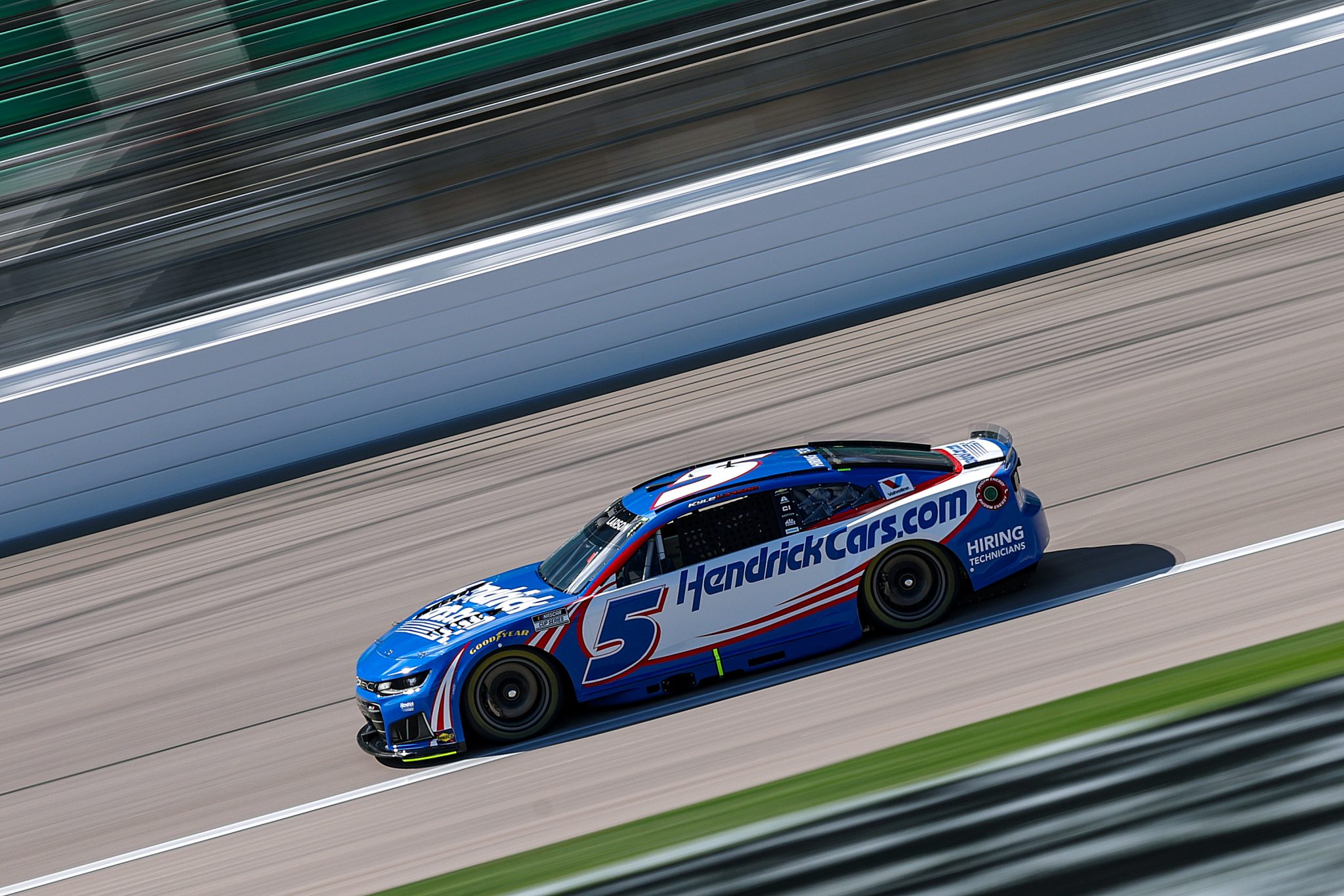 KANSAS CITY, KANSAS - APRIL 18: Kyle Larson, driver of the #5 HendrickCars.com Chevrolet, drives during practice for the NASCAR Cup Series AdventHealth 400 at Kansas Speedway on April 18, 2026 in Kansas City, Kansas. (Photo by David Jensen/Getty Images) | Getty Images