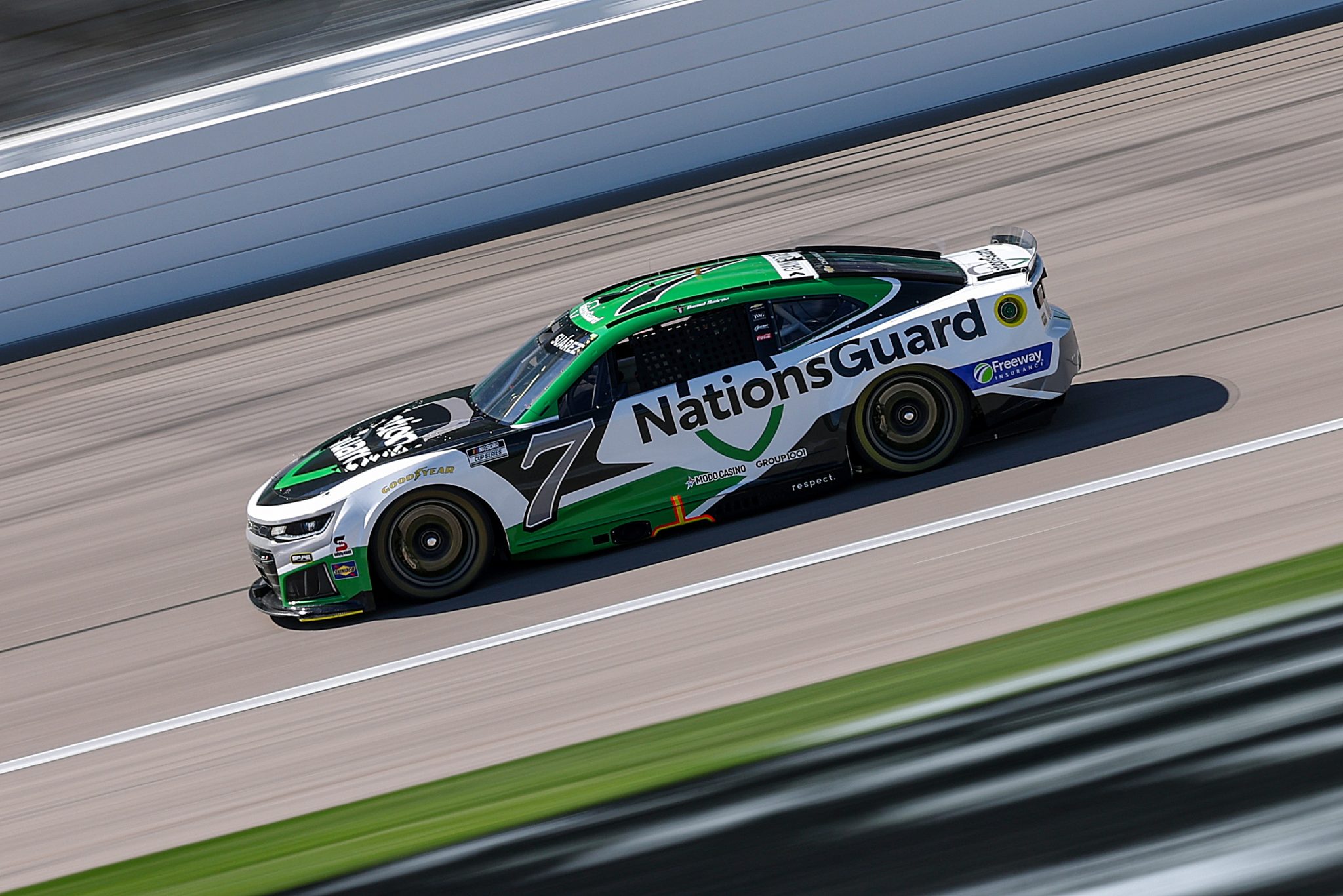 KANSAS CITY, KANSAS - APRIL 18: Daniel Suarez, driver of the #7 NationsGuard Chevrolet, drives during practice for the NASCAR Cup Series AdventHealth 400 at Kansas Speedway on April 18, 2026 in Kansas City, Kansas. (Photo by David Jensen/Getty Images) | Getty Images