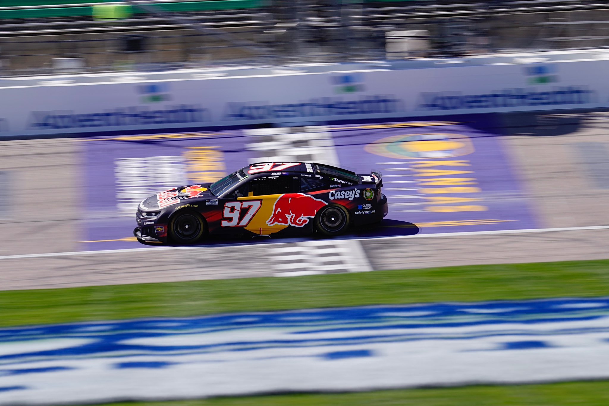 KANSAS CITY, KANSAS - APRIL 18: Shane van Gisbergen, driver of the #97 Red Bull Chevrolet, drives during practice for the NASCAR Cup Series AdventHealth 400 at Kansas Speedway on April 18, 2026 in Kansas City, Kansas. (Photo from Trackhouse Racing)