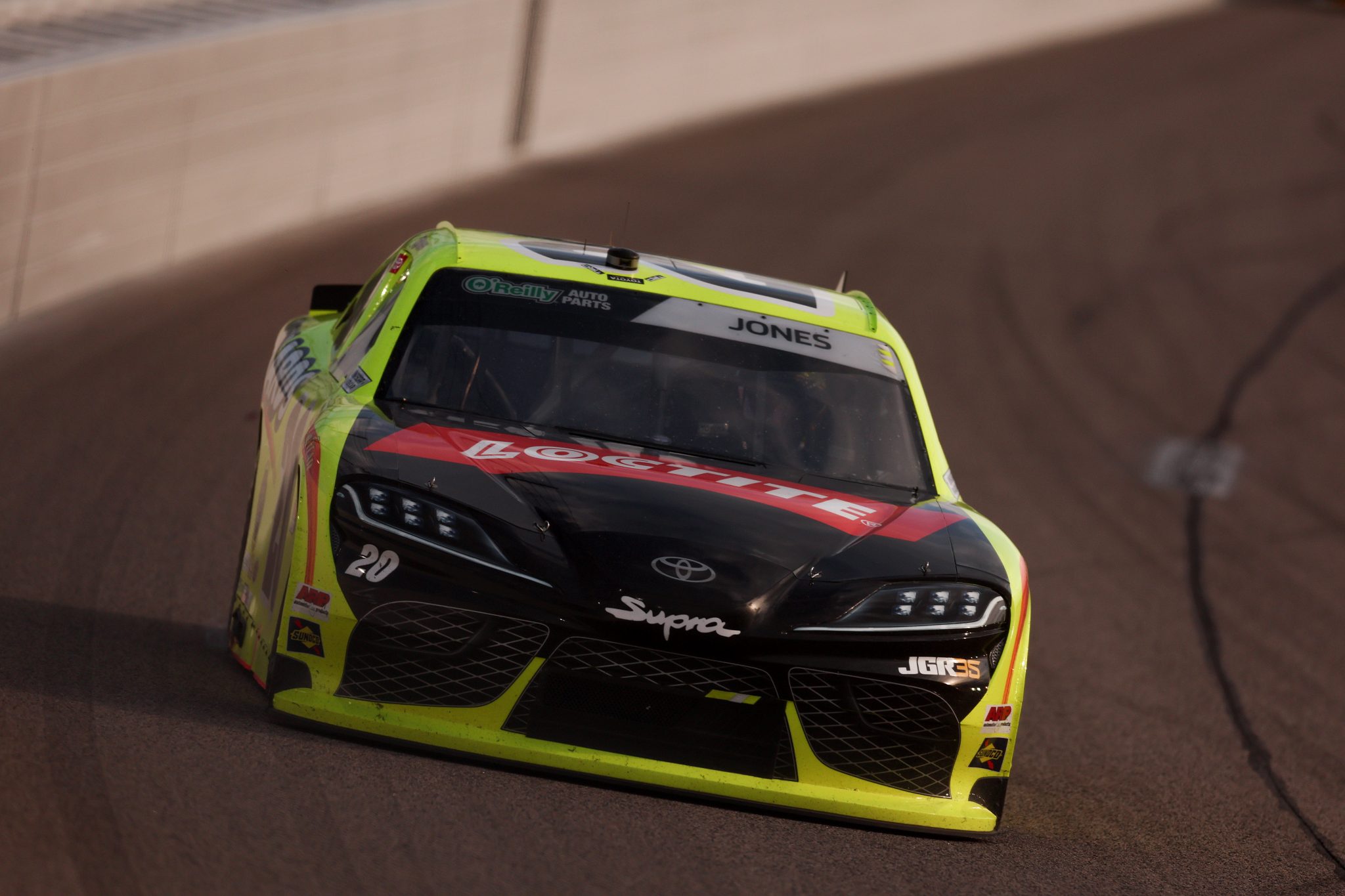 KANSAS CITY, KANSAS - APRIL 18: Brandon Jones, driver of the #20 Menards/Loctite Toyota, drives during the NASCAR O'Reilly Auto Parts Series Kansas Lottery 300 at Kansas Speedway on April 18, 2026 in Kansas City, Kansas. (Photo by David Jensen/Getty Images) | Getty Images