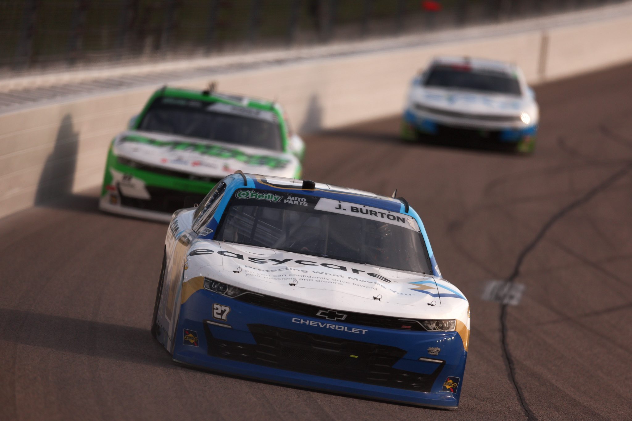KANSAS CITY, KANSAS - APRIL 18: Jeb Burton, driver of the #27 easycare Chevrolet, drives during the NASCAR O'Reilly Auto Parts Series Kansas Lottery 300 at Kansas Speedway on April 18, 2026 in Kansas City, Kansas. (Photo by David Jensen/Getty Images) | Getty Images
