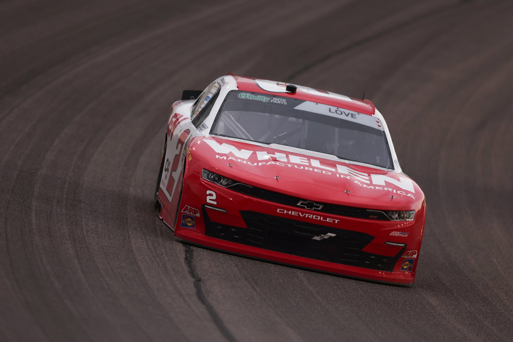 KANSAS CITY, KANSAS - APRIL 18: Jesse Love, driver of the #2 Whelen Chevrolet, drives during the NASCAR O'Reilly Auto Parts Series Kansas Lottery 300 at Kansas Speedway on April 18, 2026 in Kansas City, Kansas. (Photo by David Jensen/Getty Images) | Getty Images