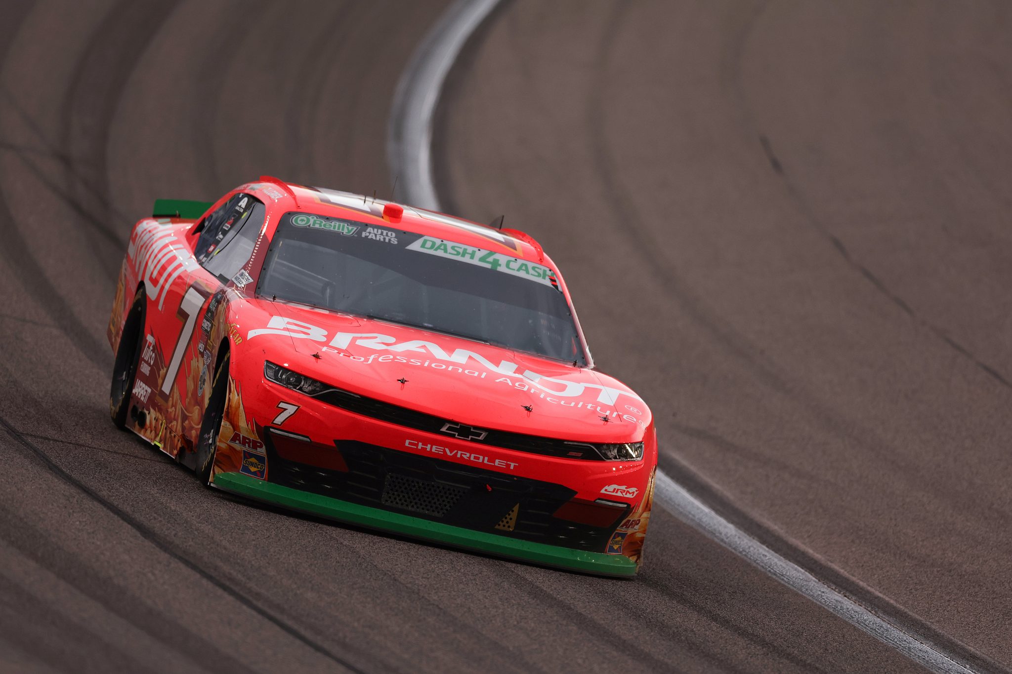 KANSAS CITY, KANSAS - APRIL 18: Justin Allgaier, driver of the #7 BRANDT Chevrolet, drives during the NASCAR O'Reilly Auto Parts Series Kansas Lottery 300 at Kansas Speedway on April 18, 2026 in Kansas City, Kansas. (Photo by David Jensen/Getty Images) | Getty Images