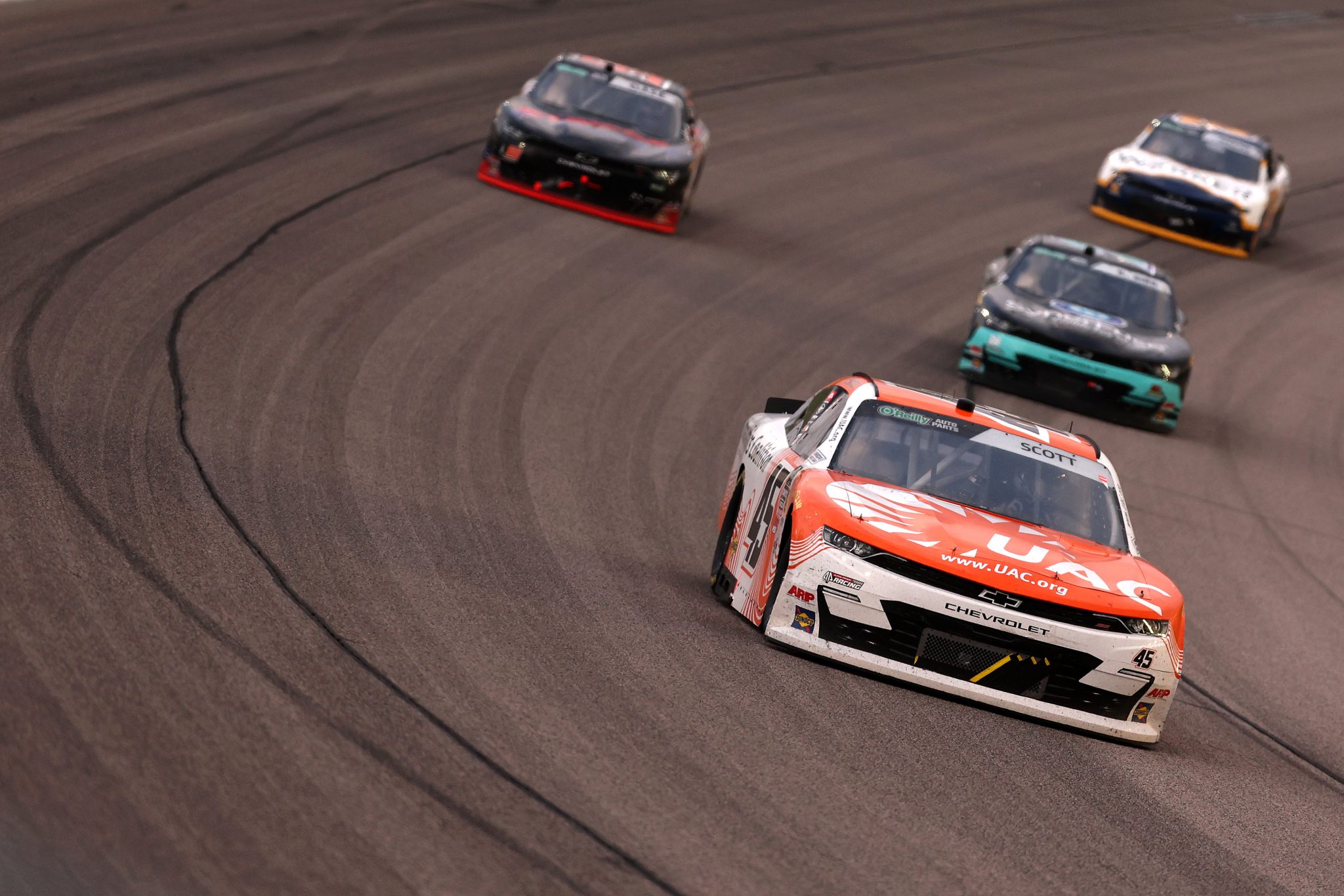 KANSAS CITY, KANSAS - APRIL 18: Lavar Scott, driver of the #45 Urban Affairs Coalition Chevrolet, drives during the NASCAR O'Reilly Auto Parts Series Kansas Lottery 300 at Kansas Speedway on April 18, 2026 in Kansas City, Kansas. (Photo by David Jensen/Getty Images) | Getty Images