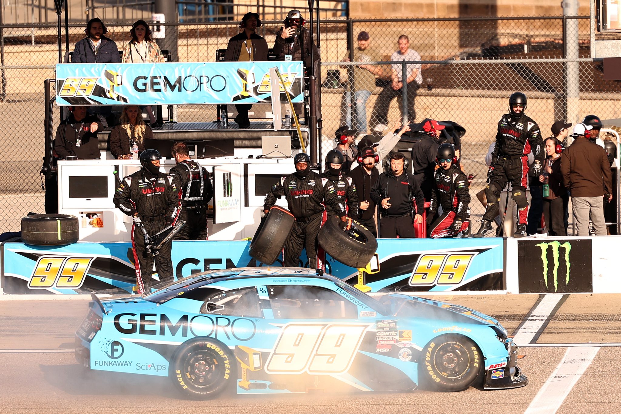 KANSAS CITY, KANSAS - APRIL 18: Parker Retzlaff, driver of the #99 GEMORO Chevrolet, pits during the NASCAR O'Reilly Auto Parts Series Kansas Lottery 300 at Kansas Speedway on April 18, 2026 in Kansas City, Kansas. (Photo by David Jensen/Getty Images) | Getty Images