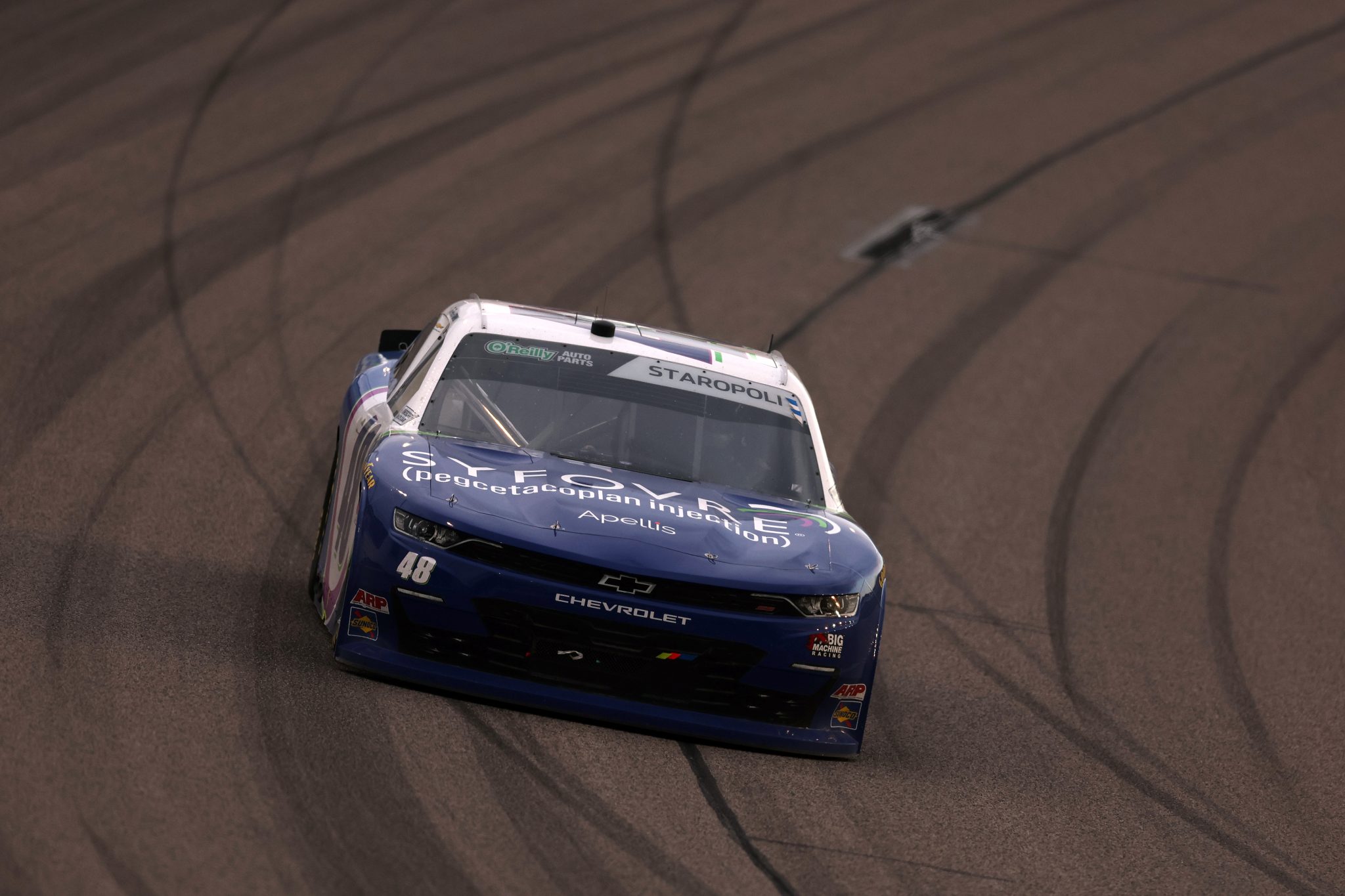 KANSAS CITY, KANSAS - APRIL 18: Patrick Staropoli, driver of the #48 Syfovre Chevrolet, drives during the NASCAR O'Reilly Auto Parts Series Kansas Lottery 300 at Kansas Speedway on April 18, 2026 in Kansas City, Kansas. (Photo by David Jensen/Getty Images) | Getty Images