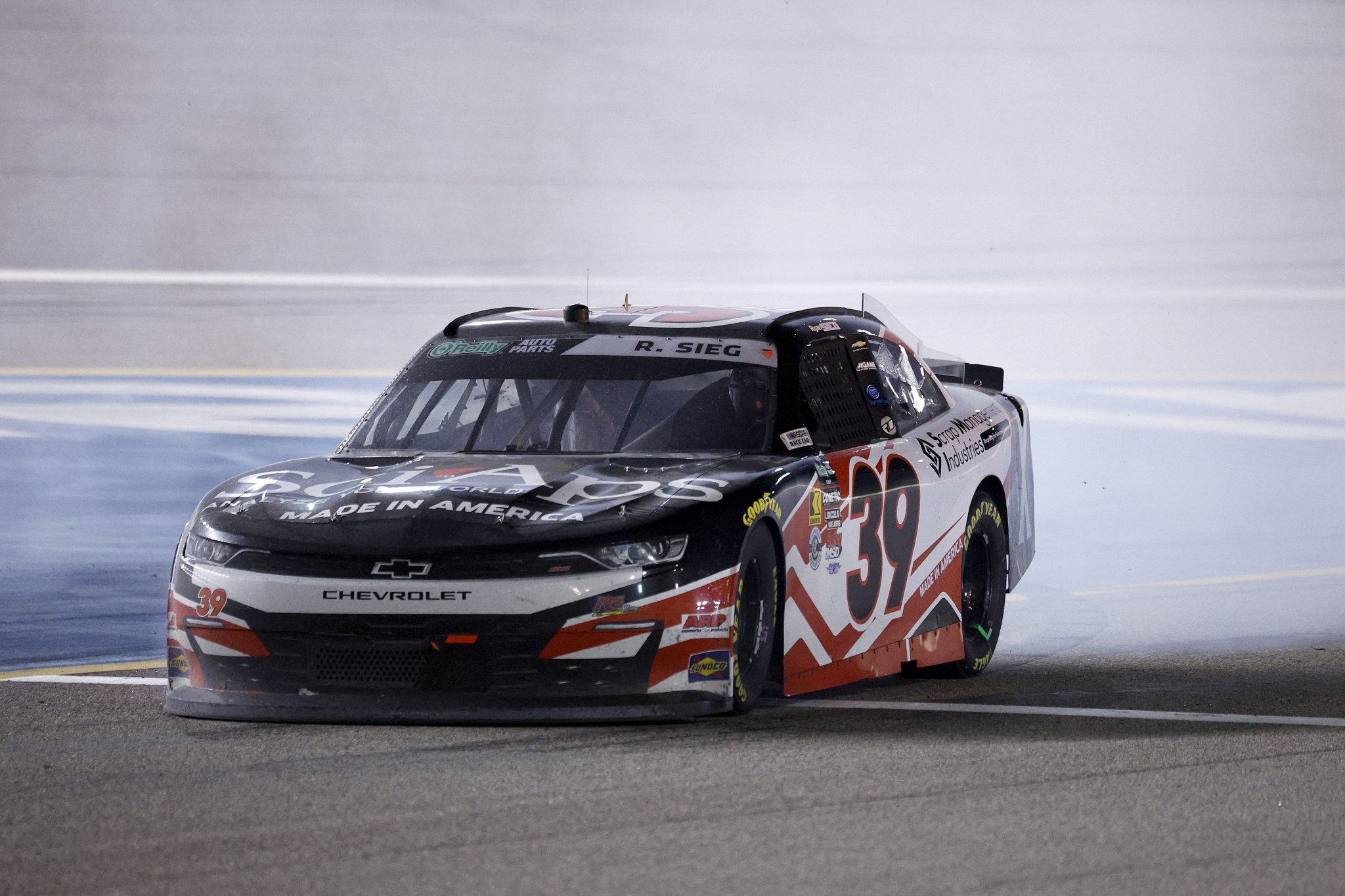 KANSAS CITY, KANSAS - APRIL 18: Ryan Sieg, driver of the #39 SciAps Chevrolet, spins after an on-track incident during the NASCAR O'Reilly Auto Parts Series Kansas Lottery 300 at Kansas Speedway on April 18, 2026 in Kansas City, Kansas. (Photo by Sean Gardner/Getty Images) | Getty Images