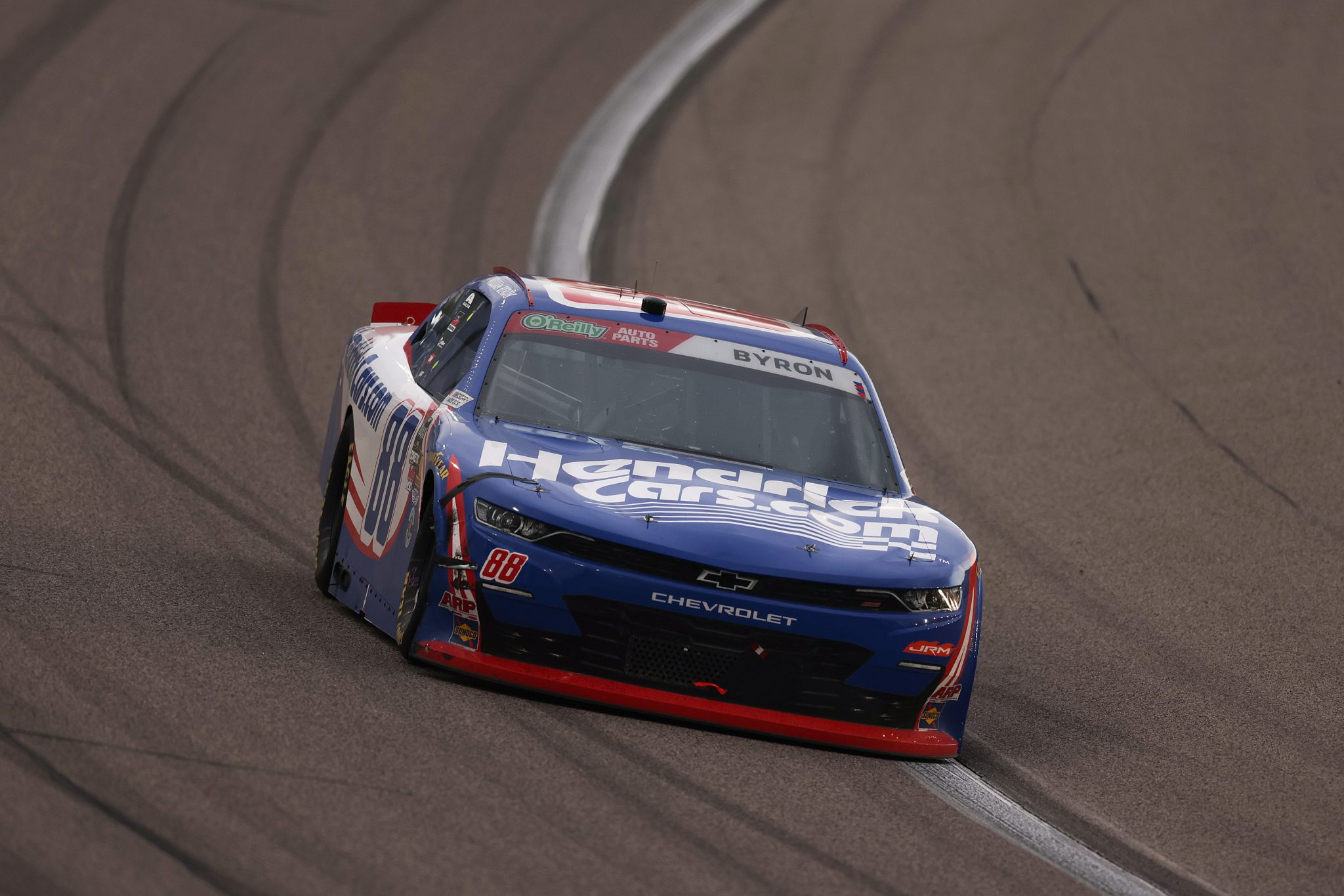 KANSAS CITY, KANSAS - APRIL 18: William Byron, driver of the #88 HendrickCars.com Chevrolet, drives during the NASCAR O'Reilly Auto Parts Series Kansas Lottery 300 at Kansas Speedway on April 18, 2026 in Kansas City, Kansas. (Photo by David Jensen/Getty Images) | Getty Images