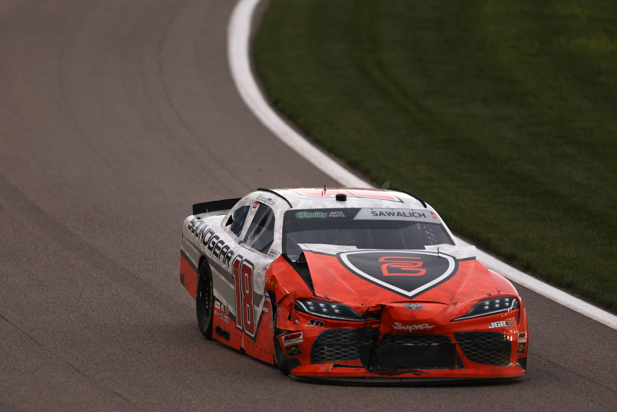 KANSAS CITY, KANSAS - APRIL 18: William Sawalich, driver of the #18 SoundGear Toyota, drives a damaged car during the NASCAR O'Reilly Auto Parts Series Kansas Lottery 300 at Kansas Speedway on April 18, 2026 in Kansas City, Kansas. (Photo by David Jensen/Getty Images) | Getty Images