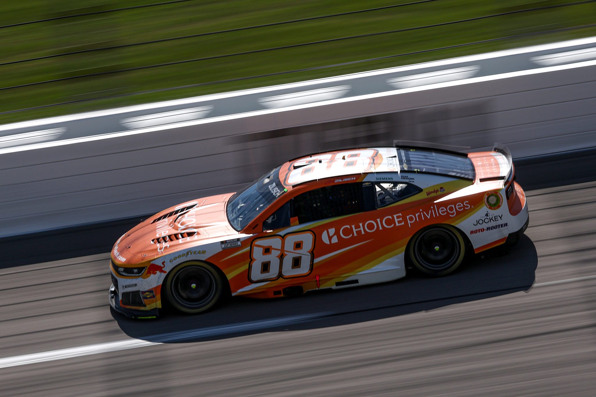 KANSAS CITY, KANSAS - APRIL 19: Connor Zilisch, driver of the #88 Choice Privileges Chevrolet, drives during the NASCAR Cup Series AdventHealth 400 at Kansas Speedway on April 19, 2026 in Kansas City, Kansas. (Photo by David Jensen/Getty Images) | Getty Images