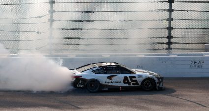 KANSAS CITY, KANSAS - APRIL 19: Tyler Reddick, driver of the #45 Supply House Toyota, celebrates with a burnout after winning the NASCAR Cup Series AdventHealth 400 at Kansas Speedway on April 19, 2026 in Kansas City, Kansas. (Photo by David Jensen/Getty Images) | Getty Images