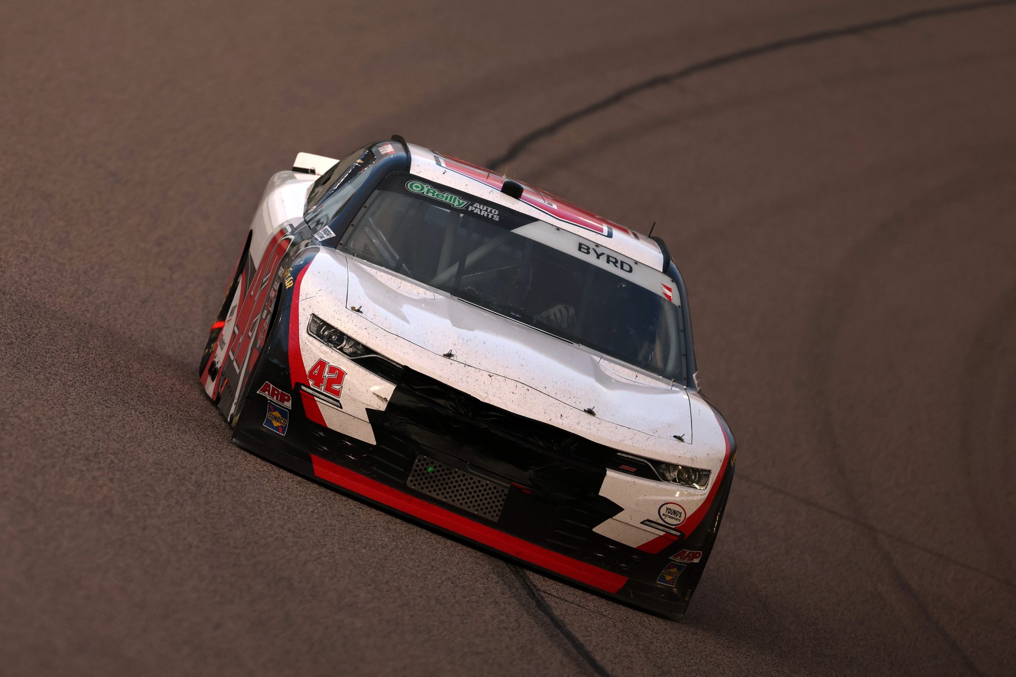 KANSAS CITY, KANSAS - APRIL 18: Nick Leitz, driver of the #42 Chevrolet, drives during the NASCAR O'Reilly Auto Parts Series Kansas Lottery 300 at Kansas Speedway on April 18, 2026 in Kansas City, Kansas. (Photo by David Jensen/Getty Images) | Getty Images