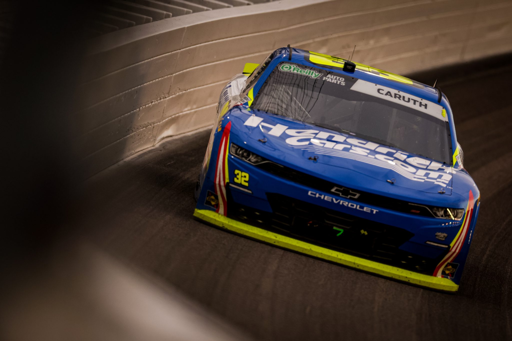 KANSAS CITY, KANSAS - APRIL 18: Rajah Caruth, driver of the #32 Jordan Anderson Racing HendrickCars.com Chevrolet drives during the NASCAR O'Reilly Auto Parts Series Kansas Lottery 300 at Kansas Speedway on April 18, 2026 in Kansas City, Kansas. (Photo by David Jensen/Getty Images) | Getty Images