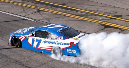 TALLADEGA, ALABAMA - APRIL 25: Corey Day, driver of the #17 HendrickCars.com Chevrolet, celebrates with a burnout after winning the NASCAR O'Reilly Auto Parts Series Ag-Pro 300 at Talladega Superspeedway on April 25, 2026 in Talladega, Alabama. (Photo by David Jensen/Getty Images) | Getty Images