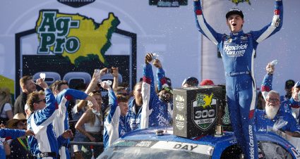 TALLADEGA, ALABAMA - APRIL 25: Corey Day, driver of the #17 HendrickCars.com Chevrolet, celebrates in victory lane after winning the NASCAR O'Reilly Auto Parts Series Ag-Pro 300 at Talladega Superspeedway on April 25, 2026 in Talladega, Alabama. (Photo by Sean Gardner/Getty Images) | Getty Images
