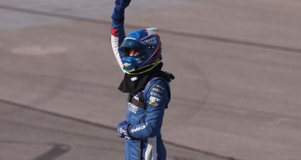 TALLADEGA, ALABAMA - APRIL 25: Corey Day, driver of the #17 HendrickCars.com Chevrolet, celebrates after winning the NASCAR O'Reilly Auto Parts Series Ag-Pro 300 at Talladega Superspeedway on April 25, 2026 in Talladega, Alabama. (Photo by David Jensen/Getty Images) | Getty Images