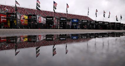 TALLADEGA, ALABAMA - APRIL 25: A general view of the NASCAR Cup Series haulers after canceled qualifying for the NASCAR Cup Series Jack Link's 500 due to weather at Talladega Superspeedway on April 25, 2026 in Talladega, Alabama. (Photo by David Jensen/Getty Images) | Getty Images