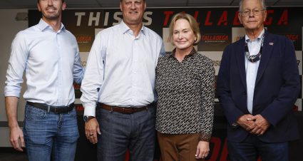 TALLADEGA, ALABAMA - APRIL 25: (L-R) Ben Kennedy, NASCAR Chief Operating Officer, NASCAR Steve O'Donnell, NASCAR Chief Executive Officer, Lesa France Kennedy and Jim France, NASCAR Chairman pose for a photo after the NASCAR leadership announcements during a press conference at Talladega Superspeedway on April 25, 2026 in Talladega, Alabama. (Photo by Sean Gardner/Getty Images) | Getty Images