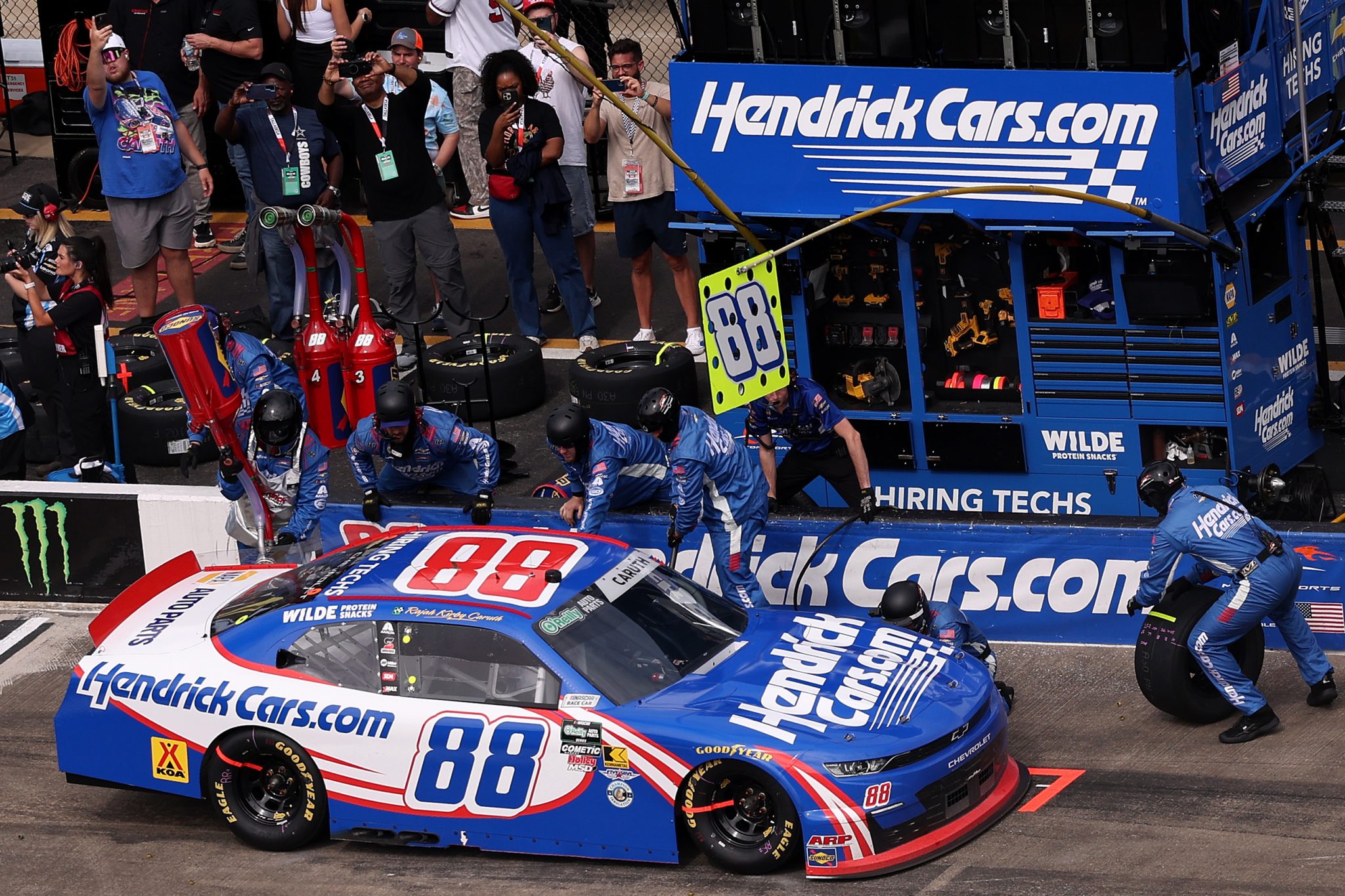 TALLADEGA, ALABAMA - APRIL 25: Rajah Caruth, driver of the #88 Hendrick Cars.com Chevrolet, pits during the NASCAR O'Reilly Auto Parts Series Ag-Pro 300 at Talladega Superspeedway on April 25, 2026 in Talladega, Alabama. (Photo by David Jensen/Getty Images) | Getty Images