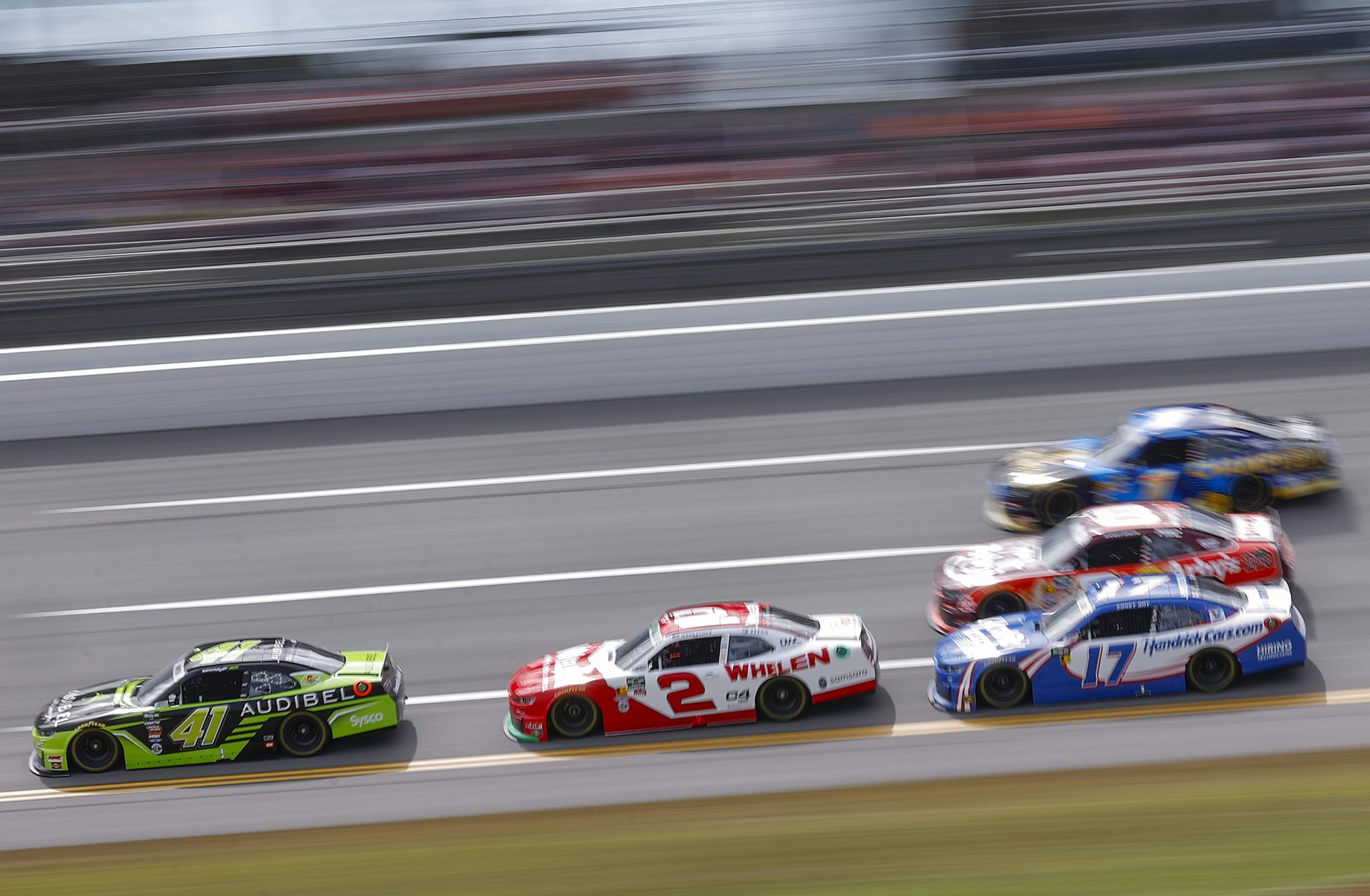 TALLADEGA, ALABAMA - APRIL 25: Sam Mayer, driver of the #41 Audibel Chevrolet, leads the field during the NASCAR O'Reilly Auto Parts Series Ag-Pro 300 at Talladega Superspeedway on April 25, 2026 in Talladega, Alabama. (Photo by Sean Gardner/Getty Images) | Getty Images