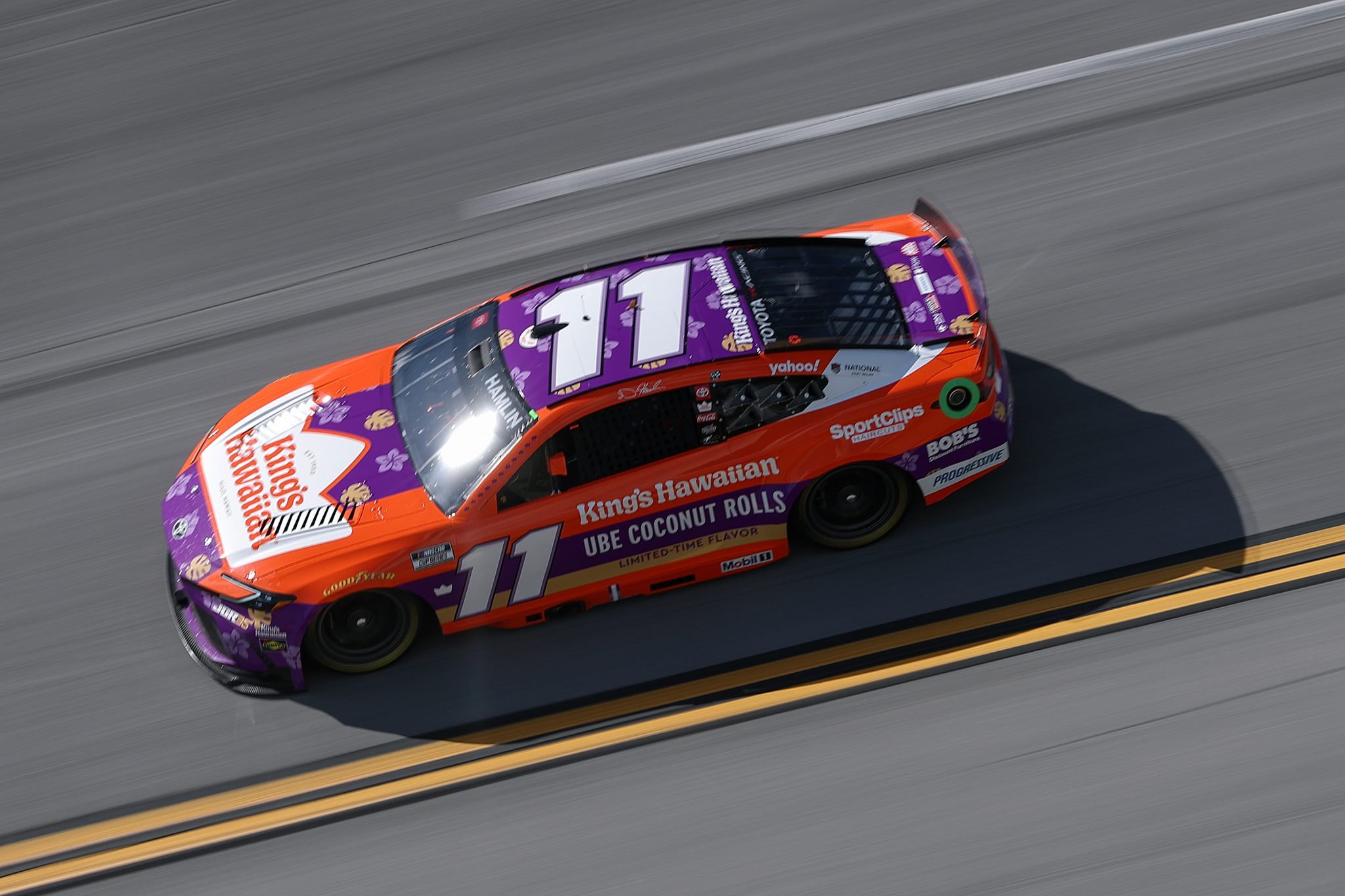 TALLADEGA, ALABAMA - APRIL 26: Denny Hamlin, driver of the #11 King's Hawaiian UBE Coconut Rolls Toyota, drives during the NASCAR Cup Series Jack Link's 500 at Talladega Superspeedway on April 26, 2026 in Talladega, Alabama. (Photo by David Jensen/Getty Images) | Getty Images