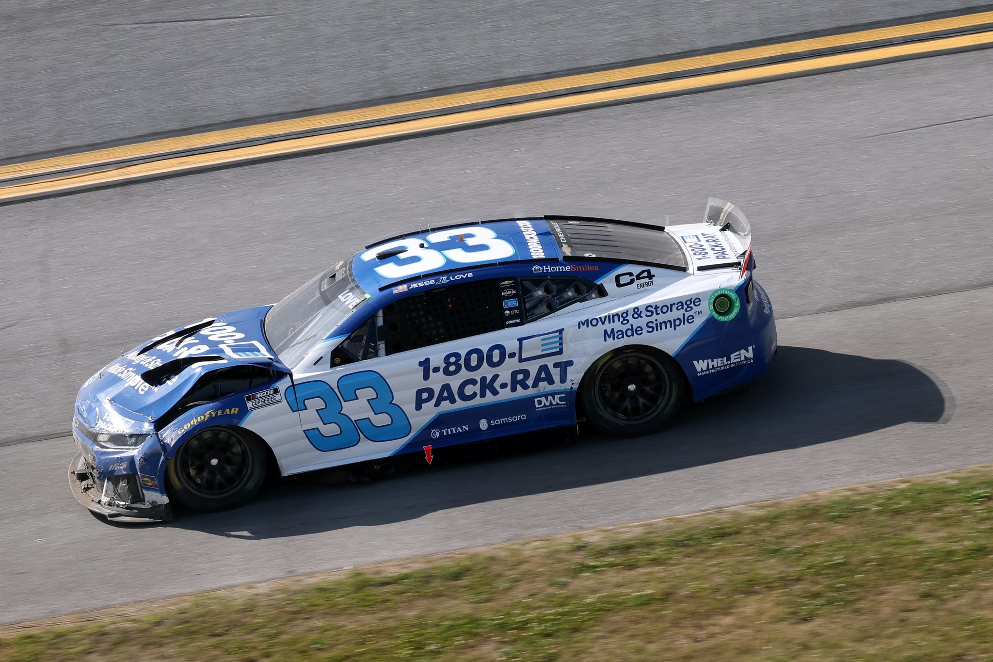 TALLADEGA, ALABAMA - APRIL 26: Jesse Love, driver of the #33 1-800-PACK-RAT Chevrolet, drives a damaged car after an on-track incident during the NASCAR Cup Series Jack Link's 500 at Talladega Superspeedway on April 26, 2026 in Talladega, Alabama. (Photo by David Jensen/Getty Images) | Getty Images