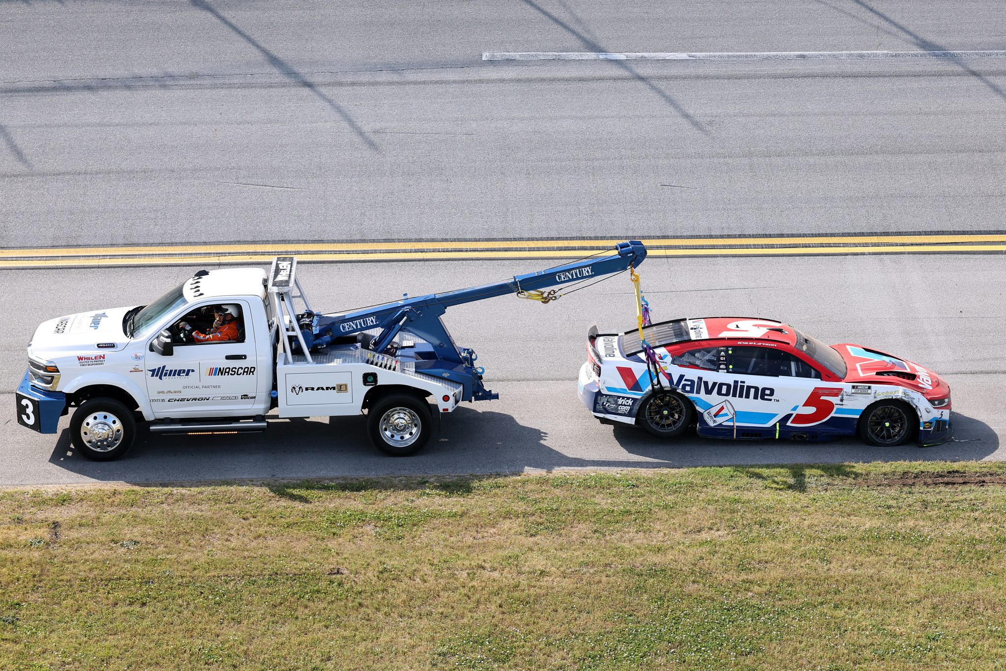 TALLADEGA, ALABAMA - APRIL 26: The #5 Valvoline Chevrolet, driven by Kyle Larson is towed after an on-track incident during the NASCAR Cup Series Jack Link's 500 at Talladega Superspeedway on April 26, 2026 in Talladega, Alabama. (Photo by David Jensen/Getty Images) | Getty Images