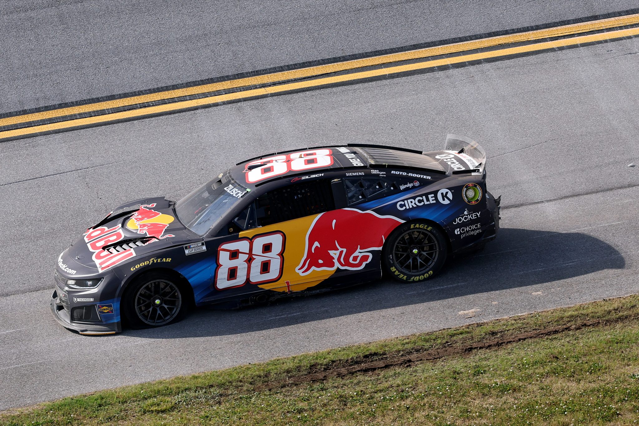 TALLADEGA, ALABAMA - APRIL 26: Connor Zilisch, driver of the #88 Red Bull Chevrolet, drives a damaged car after an on-track incident during the NASCAR Cup Series Jack Link's 500 at Talladega Superspeedway on April 26, 2026 in Talladega, Alabama. (Photo by David Jensen/Getty Images) | Getty Images
