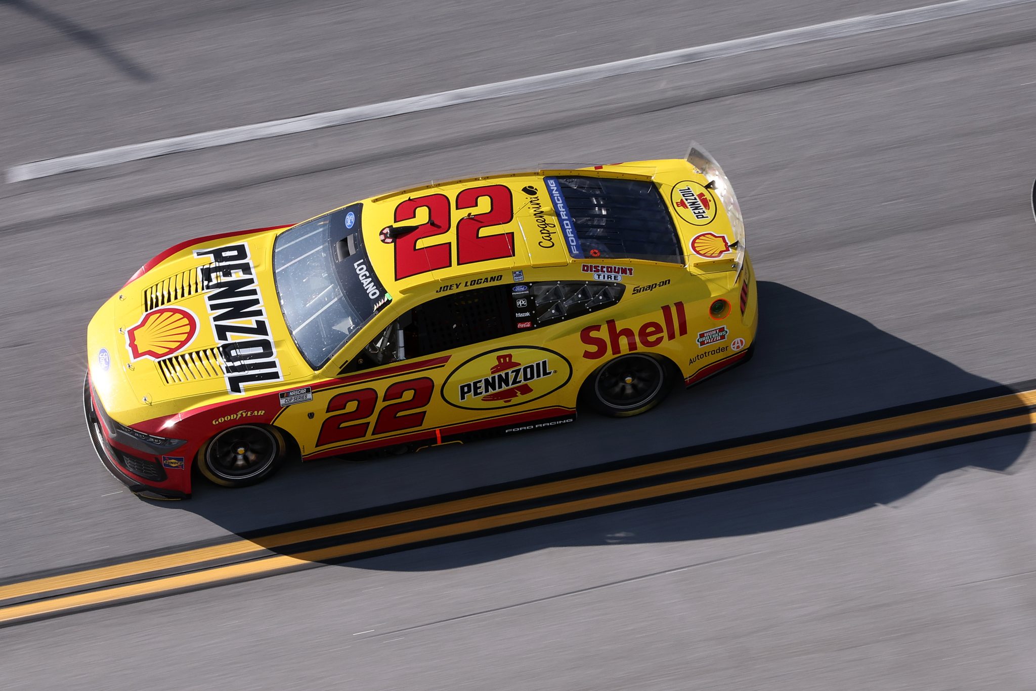 TALLADEGA, ALABAMA - APRIL 26: Joey Logano, driver of the #22 Shell-Pennzoil Ford, drives during the NASCAR Cup Series Jack Link's 500 at Talladega Superspeedway on April 26, 2026 in Talladega, Alabama. (Photo by David Jensen/Getty Images) | Getty Images