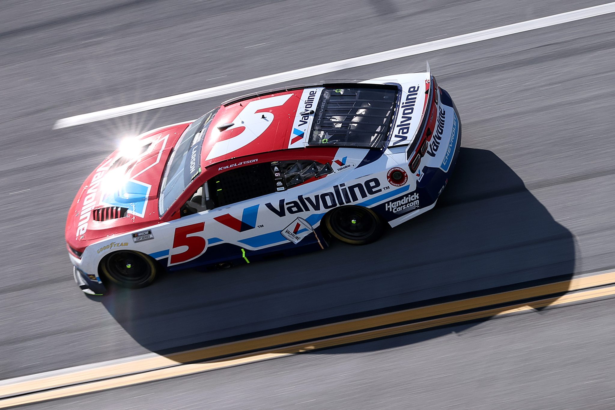 TALLADEGA, ALABAMA - APRIL 26: Kyle Larson, driver of the #5 Valvoline Chevrolet, drives during the NASCAR Cup Series Jack Link's 500 at Talladega Superspeedway on April 26, 2026 in Talladega, Alabama. (Photo by David Jensen/Getty Images) | Getty Images