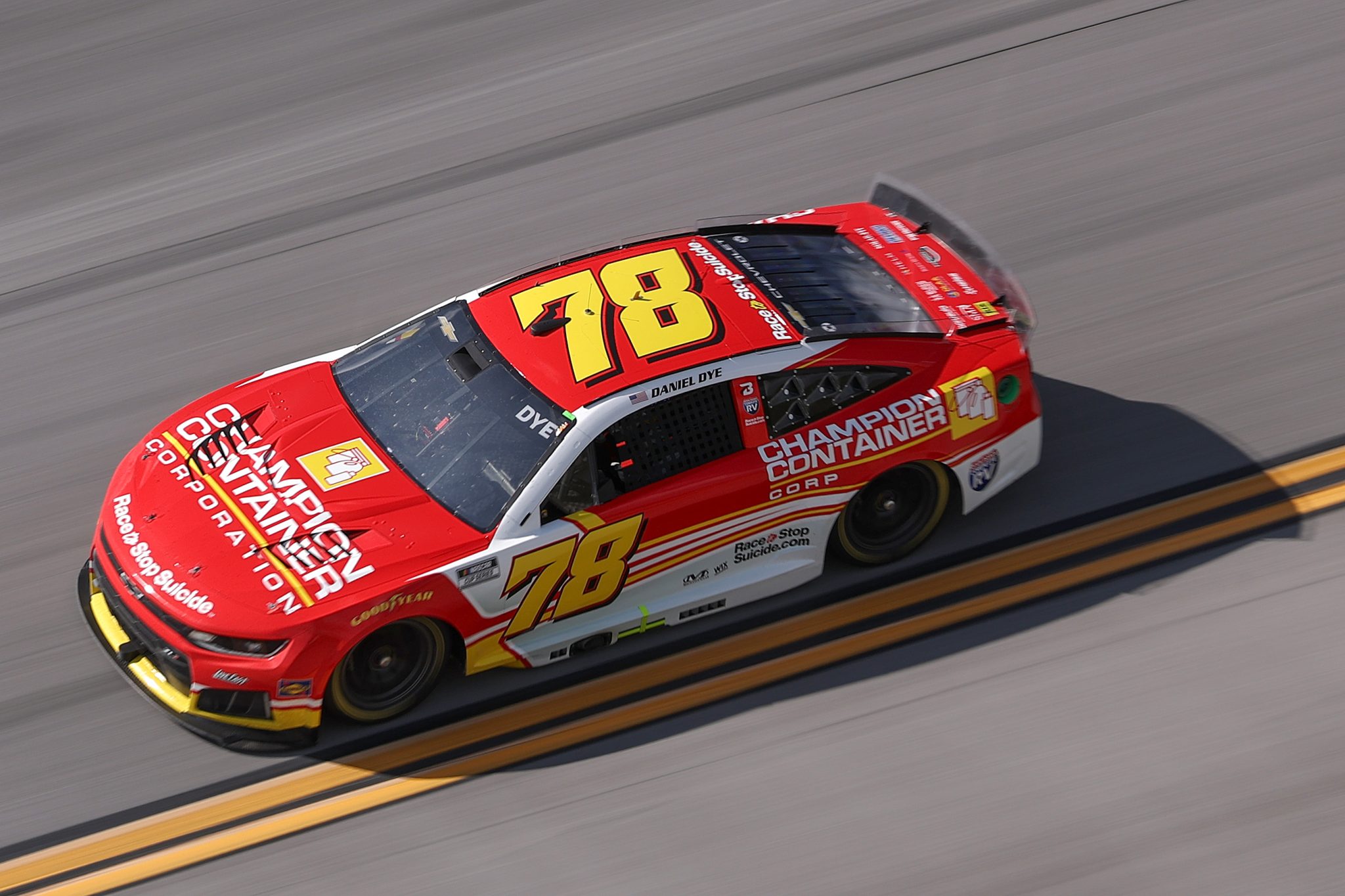 TALLADEGA, ALABAMA - APRIL 26: Daniel Dye, driver of the #78 Champion Container Corporation Chevrolet, drives during the NASCAR Cup Series Jack Link's 500 at Talladega Superspeedway on April 26, 2026 in Talladega, Alabama. (Photo by David Jensen/Getty Images) | Getty Images