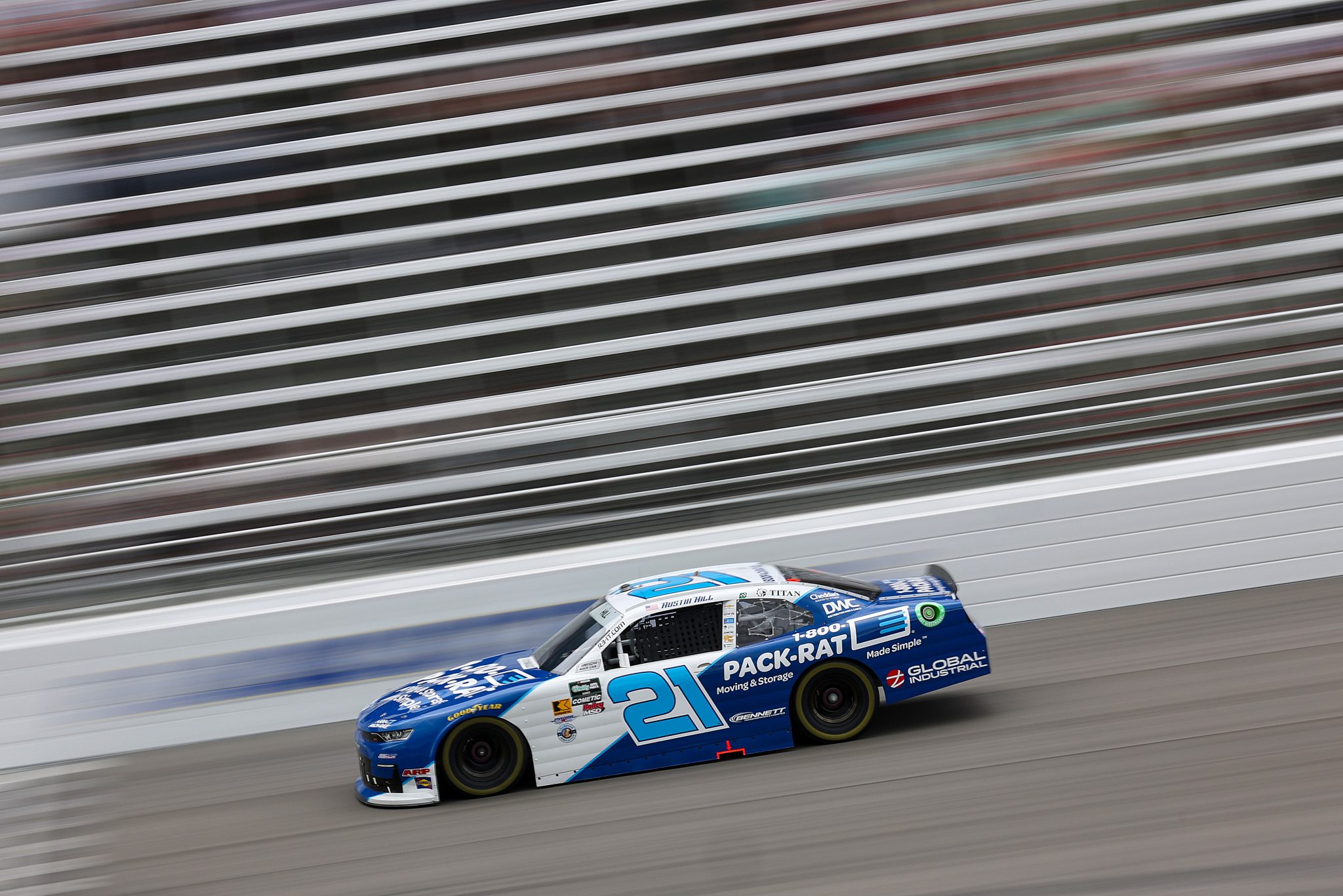 ROCKINGHAM, NORTH CAROLINA - APRIL 03: Austin Hill, driver of the #21 1-800-PACK-RAT Chevrolet, drives during for the NASCAR O'Reilly Auto Parts Series North Carolina Education Lottery 250 Presented by Black's Tire at Rockingham Speedway on April 03, 2026 in Rockingham, North Carolina. (Photo by James Gilbert/Getty Images) | Getty Images